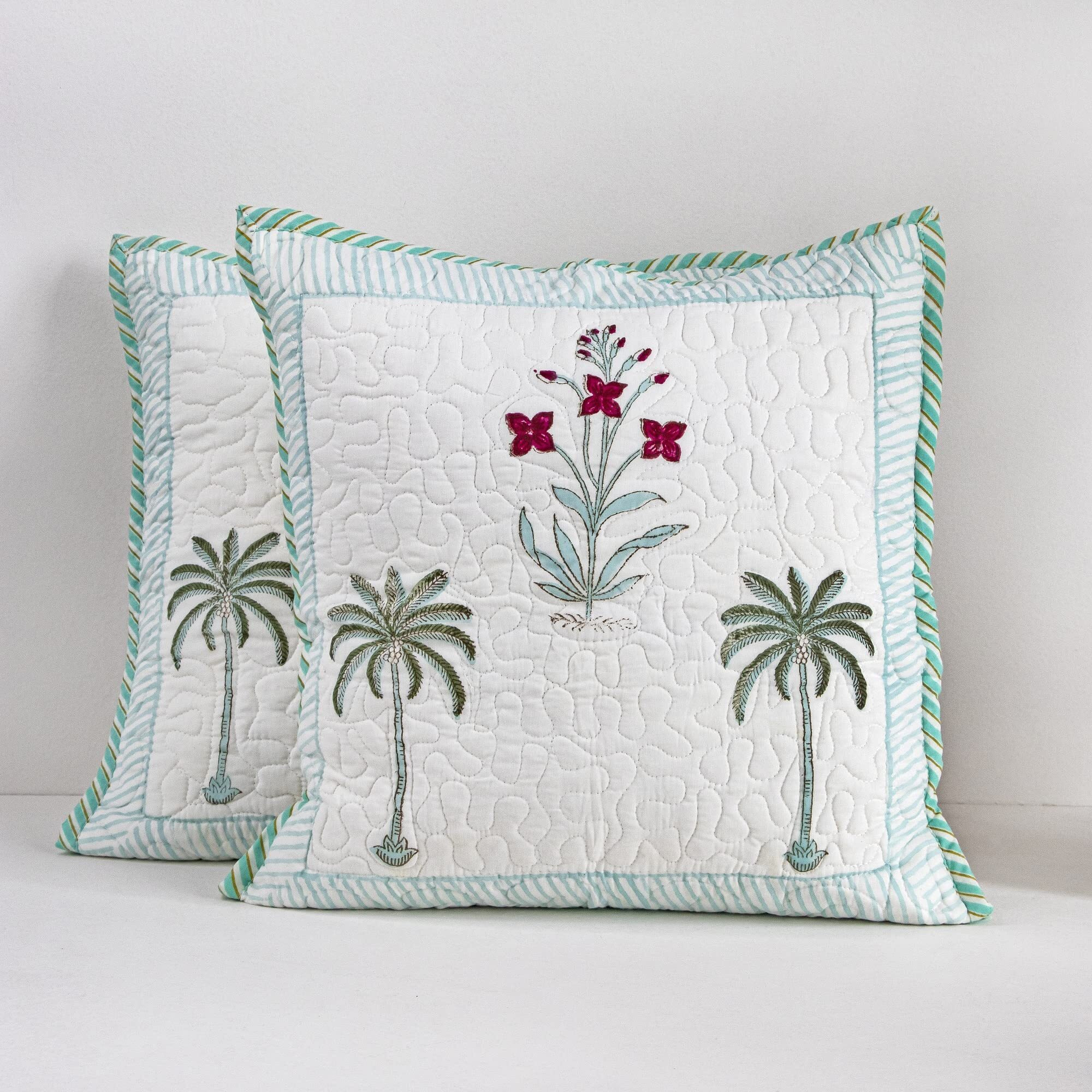 HOMEMONDE Soft Cushion Cover - 16 x 16 Inches Premium Cotton Green Floral Hand Block Printed Couch Pillow Cover Pack of 1