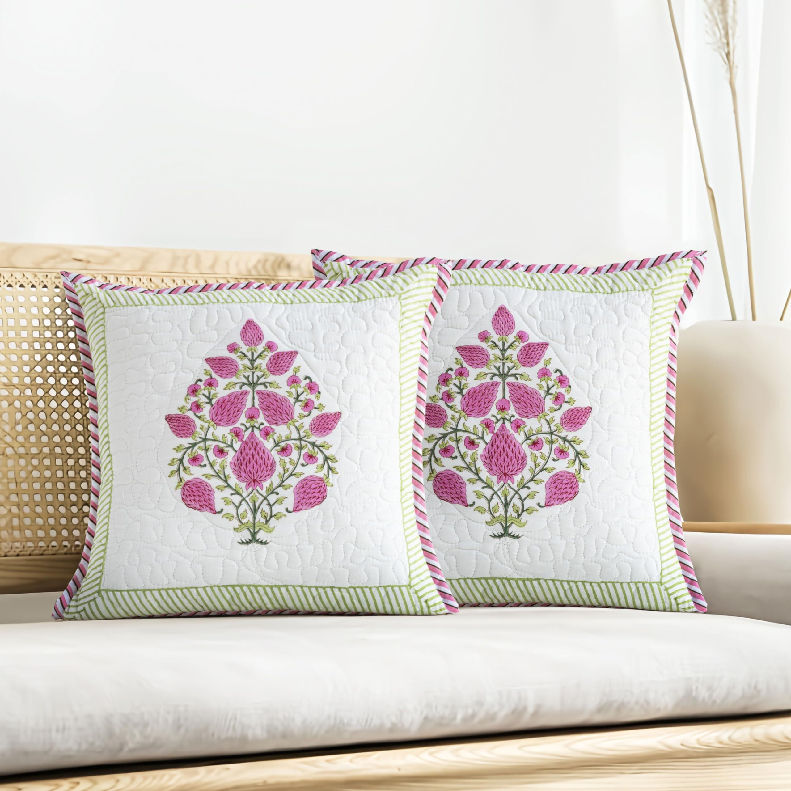 HOMEMONDE Quilted 16 x 16 Inches Sofa Cushion Cover - Floral Hand Block Print Cotton Pillow Cover, Pink, Pack of 1