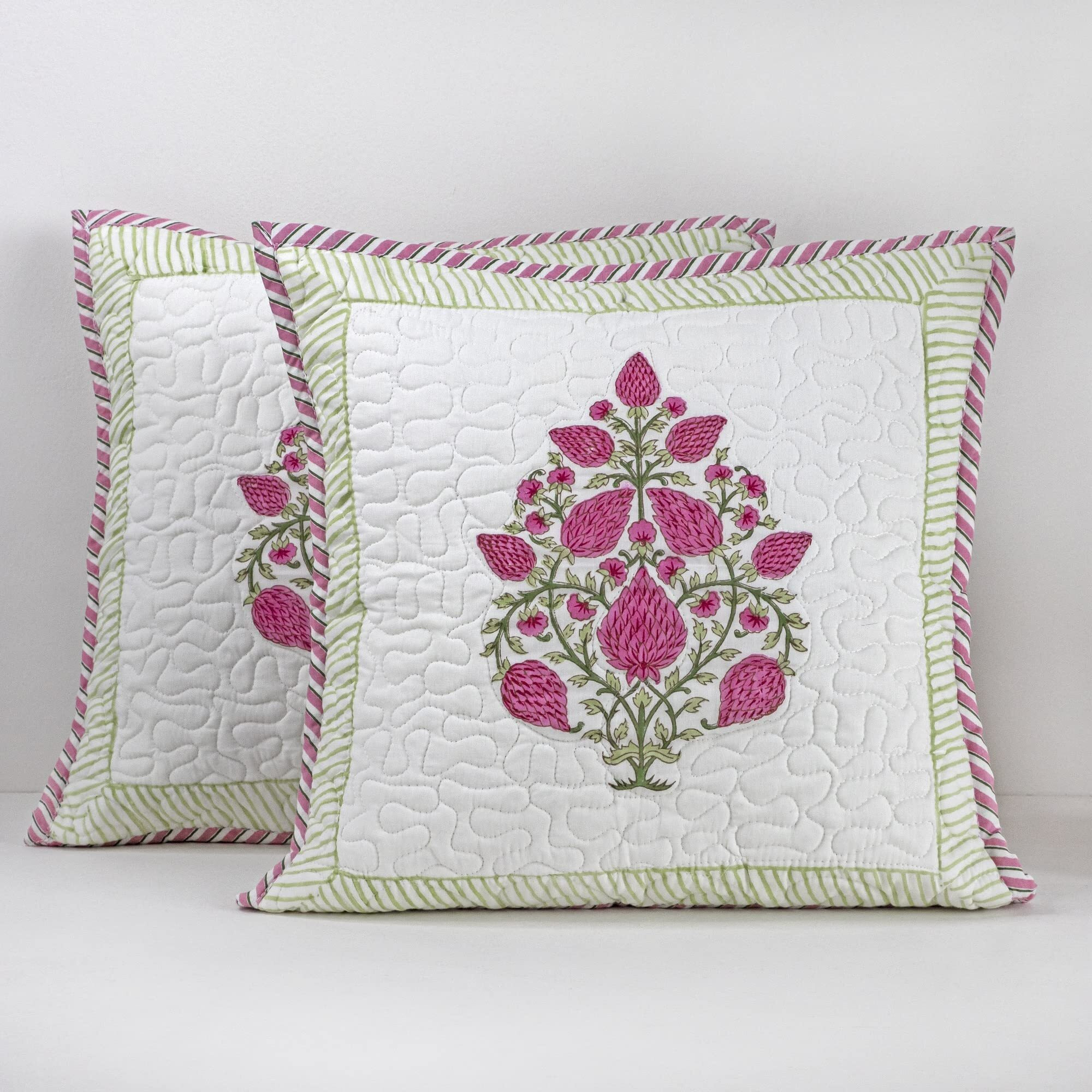 HOMEMONDE Quilted 16 x 16 Inches Sofa Cushion Cover - Floral Hand Block Print Cotton Pillow Cover, Pink, Pack of 1