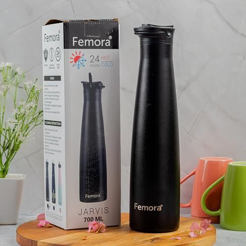 Femora Sleeko Stainless Steel Double Insulated Water Bottle with Sipper Cap, 700 ML, Black(Thermo Steel)