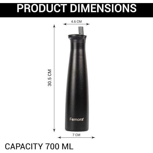 Femora Sleeko Stainless Steel Double Insulated Water Bottle with Sipper Cap, 700 ML, Black(Thermo Steel)