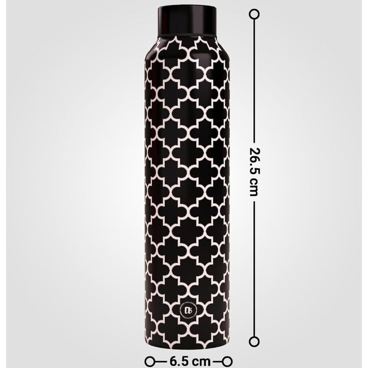 EB-Everything Beautiful Stainless Steel Water Bottle 1 Litre Leakproof Office Gym Travel School Dance Fridge Home Refrigerator Bottles For Adults Kids Girls Boys (1L, Smooth Black Moroccan)