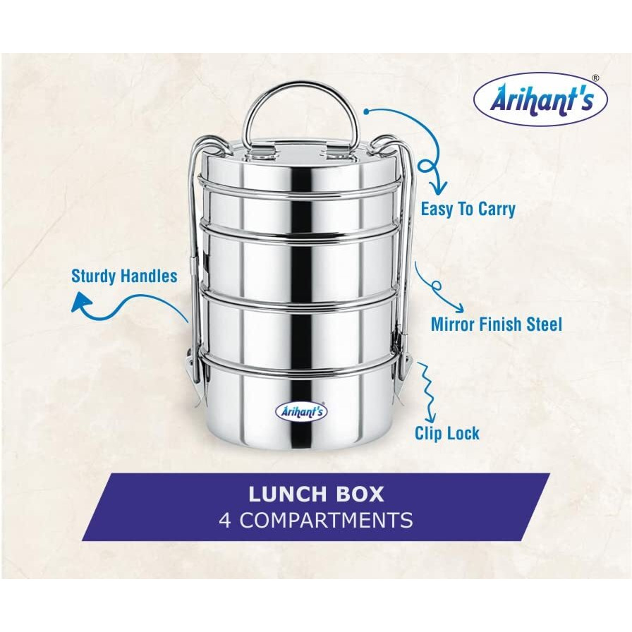 Arihants Stainless Steel Traditional Four Compartment Tiffin Box with Lid 4 Containers Lunch Box Stainless Steel Four Compartment Tiffin Box with Lid, Silver (1500 ml)