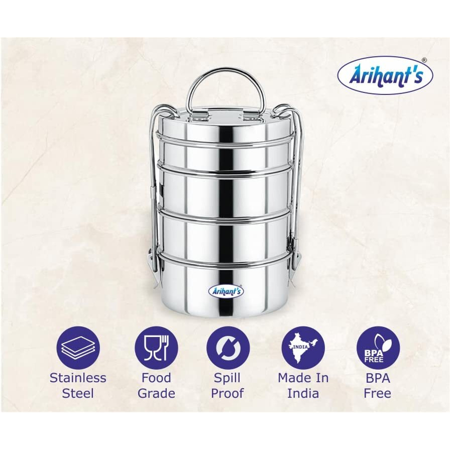 Arihants Stainless Steel Traditional Four Compartment Tiffin Box with Lid 4 Containers Lunch Box Stainless Steel Four Compartment Tiffin Box with Lid, Silver (1500 ml)