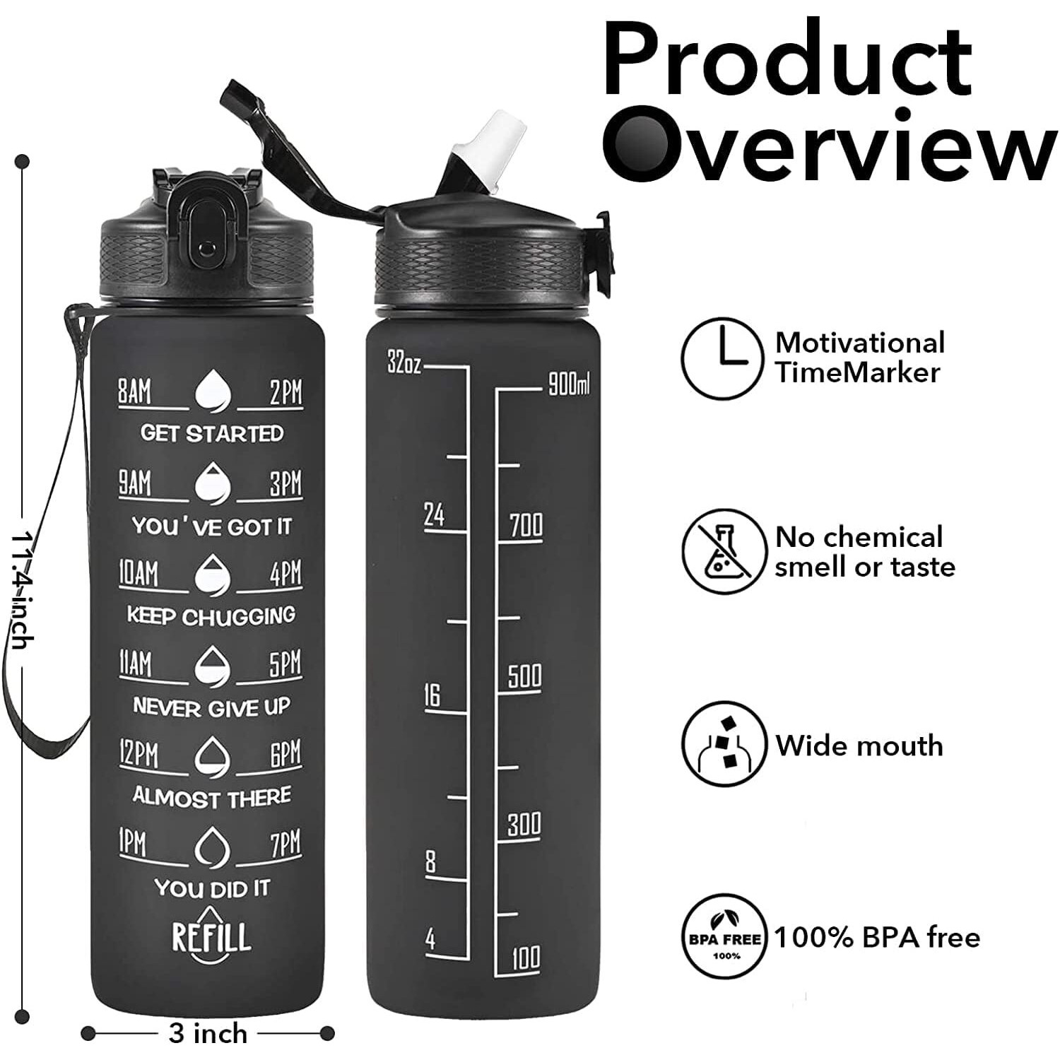 OXMEZA Water Bottle 1 litre with Motivational Time Marker For Adults, Non-Toxic Water bottle for office, Water bottle for gym, Running Sports Water Bottle (Black), Plastic