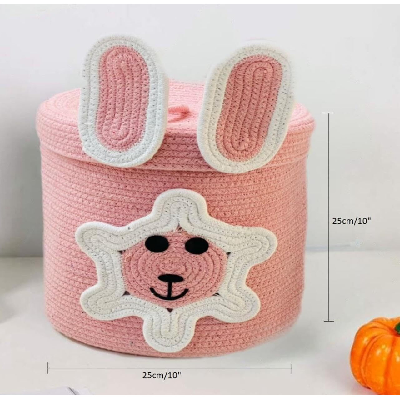 DOLCE CASA Kids Lid Basket With Beautiful Characters - Rope Storage Basket For Baby Diaper, Stuffed Animal Storage Bin Rope Basket For Kids Toy, Baby Laundry Baskets with Lid. (Pink Dog)