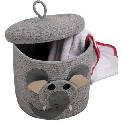 DOLCE CASA Kids Lid Basket With Beautiful Characters - Rope Storage Basket For Baby Diaper, Stuffed Animal Storage Bin Rope Basket For Kids Toy, Baby Laundry Baskets with Lid. (Grey Ele)