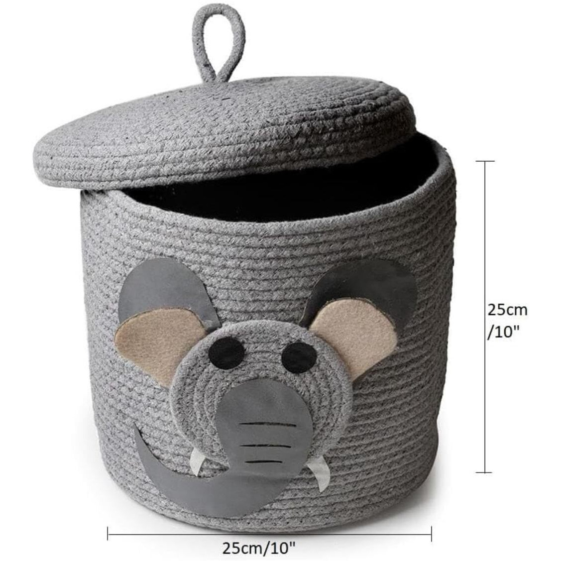 DOLCE CASA Kids Lid Basket With Beautiful Characters - Rope Storage Basket For Baby Diaper, Stuffed Animal Storage Bin Rope Basket For Kids Toy, Baby Laundry Baskets with Lid. (Grey Ele)