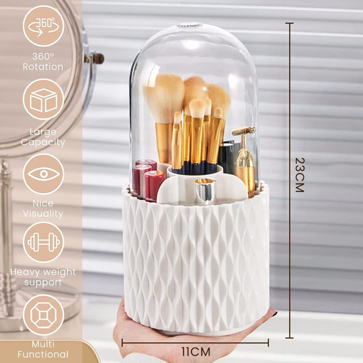 MAYCREATE Makeup Brush Holder Organizer with Lid, 360 Rotatable 4-Grid Cosmetic Makeup Brushes Storage Case Stand for Vanity or Bathroom - Dustproof & Waterproof, White