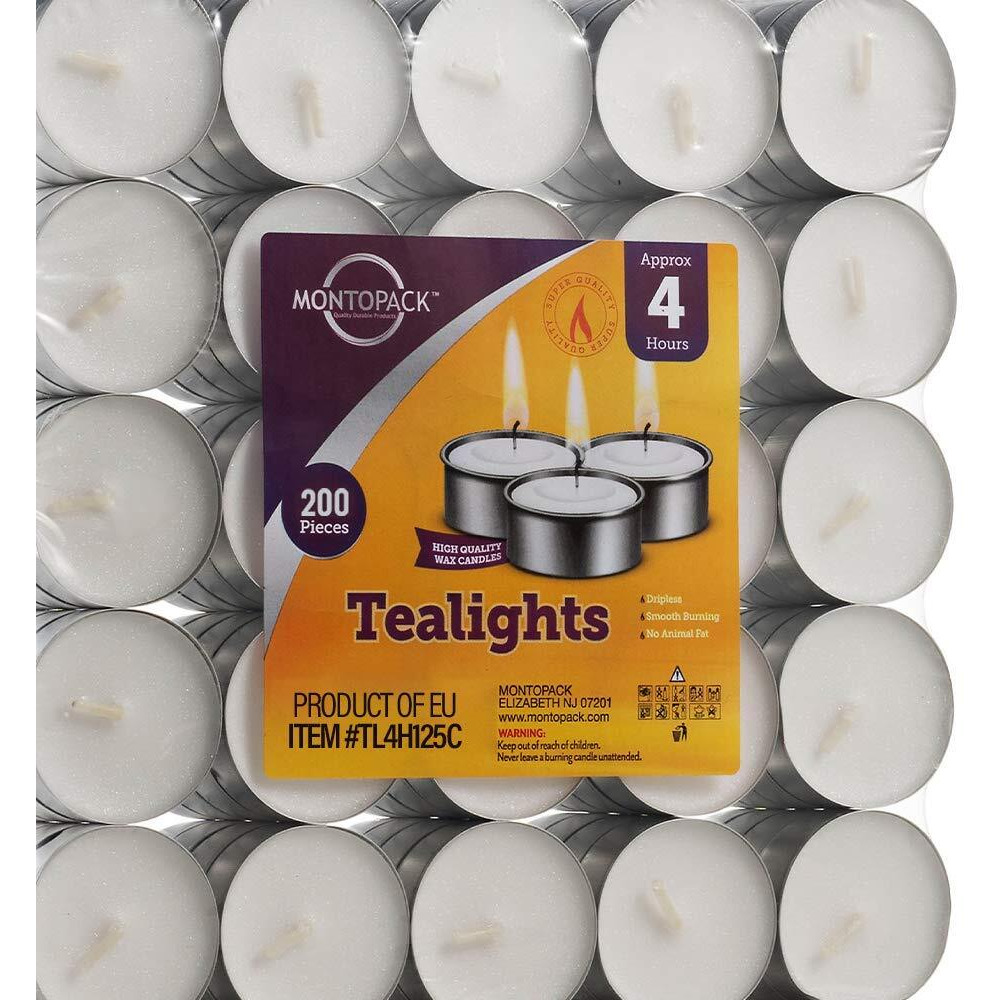 MontoPack Unscented Tea Lights Candles in Bulk | 200 White, Smokeless, Dripless & Long Lasting Paraffin Tea Candles | Small Votive Mini Tealight Candles for Home, Pool, Shabbat, Weddings & Emergencies