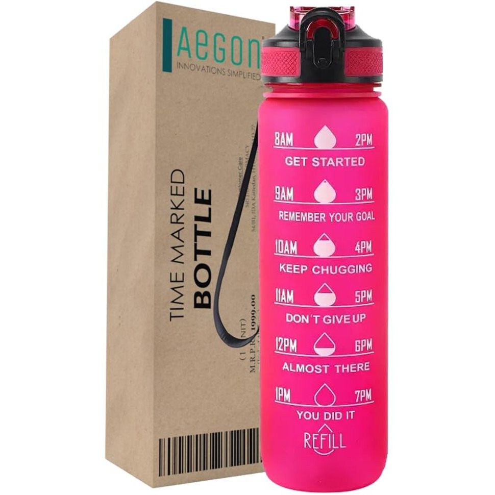 Aegon Gym Water Bottle Sports (BPA Free), Motivational Time Marked Sipper Bottle for Gym, Office, School | Stylish Gym Bottle for Men & Women | Leak Proof Sports Shaker 1 liter (Tritan,Dark Pink)