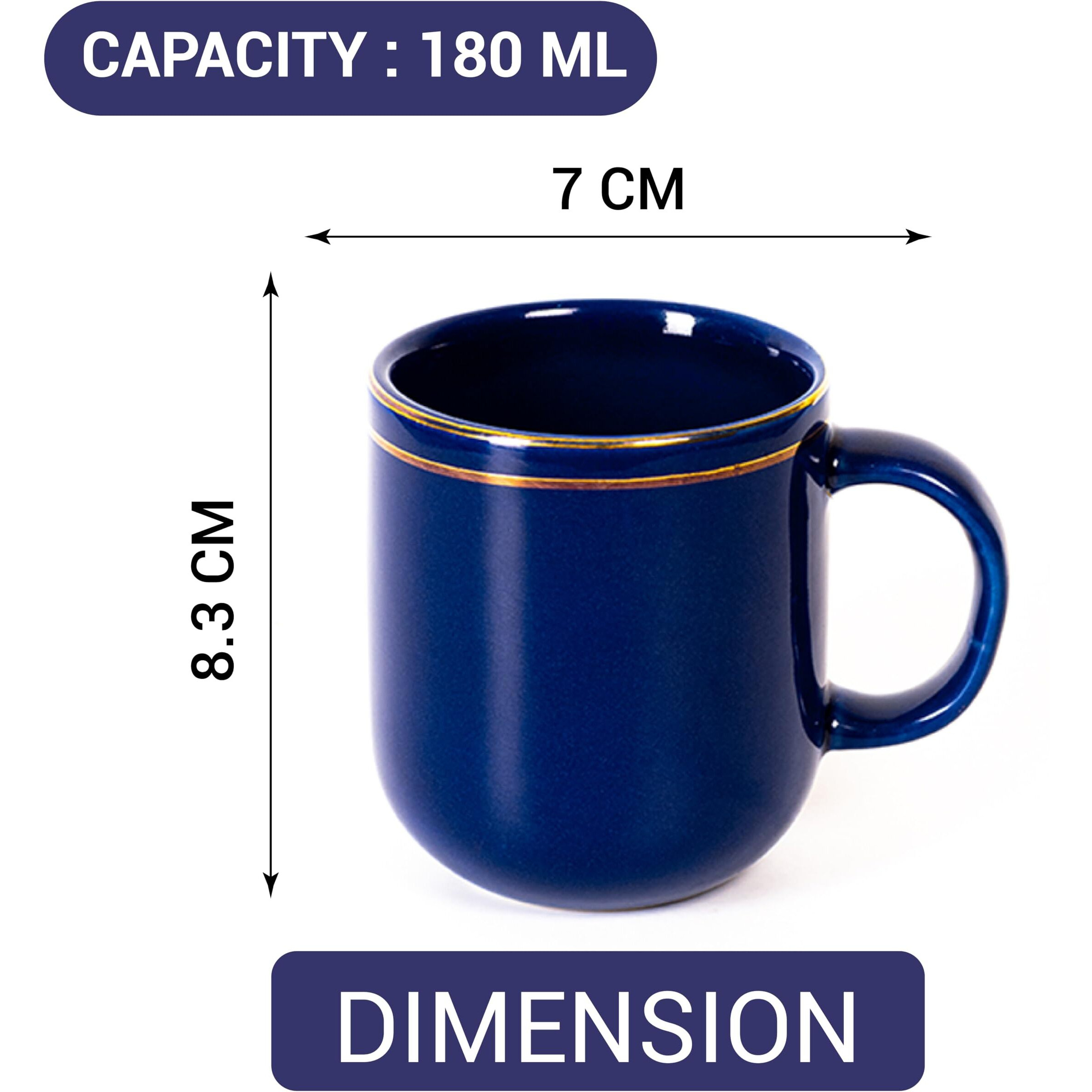 Femora 22k Liquid Gold Line Design Ceramic Coffee Mug Tea cups, 180 ML, Pack of 6, Royal Blue