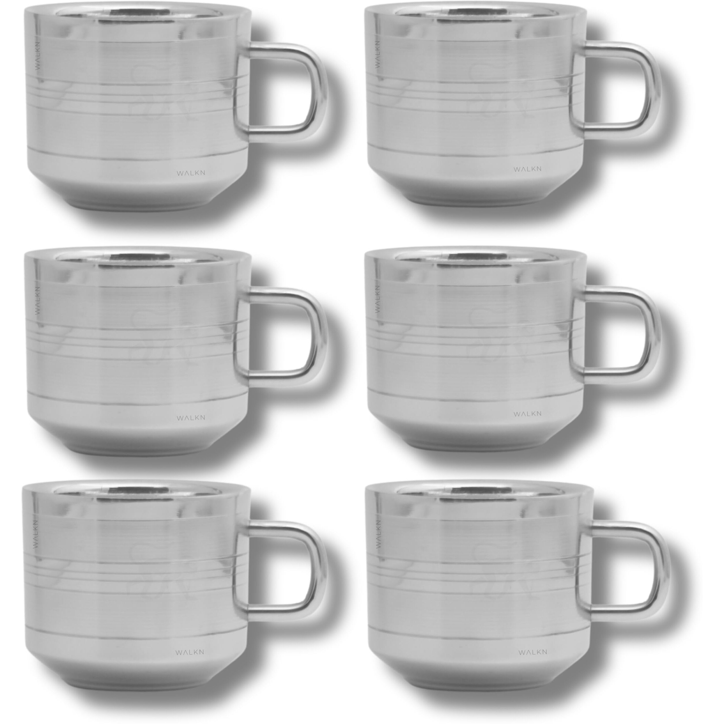 WALKN Stainless Steel Double Wall Deepline Tea/Coffee Cups/Mugs for Home, Office | Set of 6, 80ml Capacity | Lightweight, Portable, Reusable, Easy to Clean | Hot & Cold Beverage | Silver