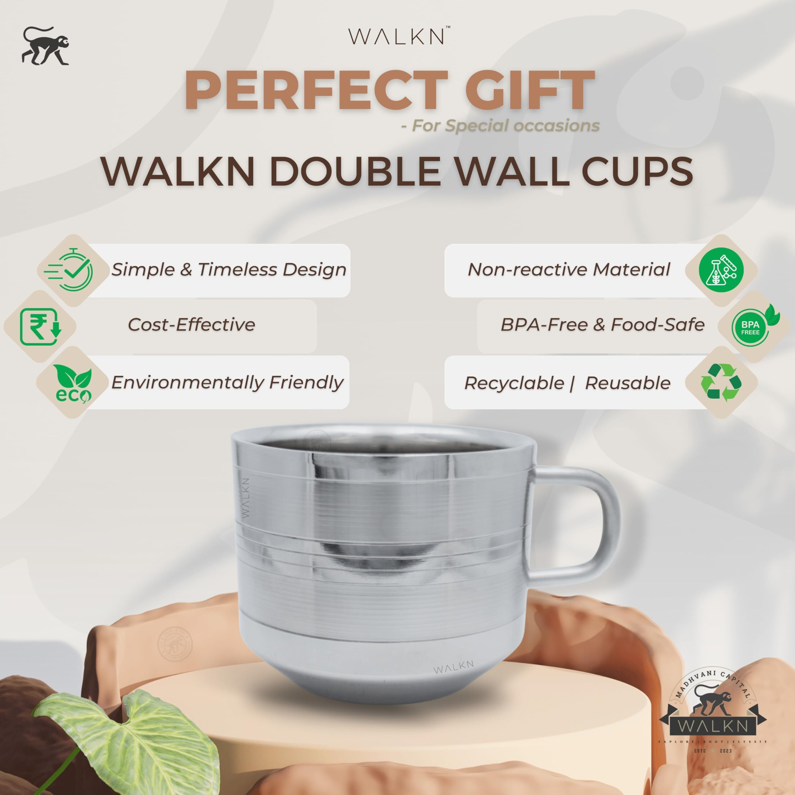 WALKN Stainless Steel Double Wall Deepline Tea/Coffee Cups/Mugs for Home, Office | Set of 6, 80ml Capacity | Lightweight, Portable, Reusable, Easy to Clean | Hot & Cold Beverage | Silver