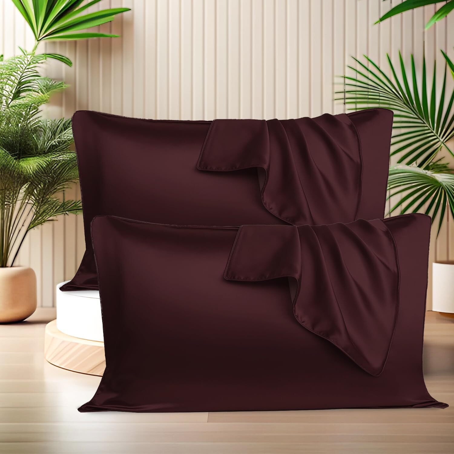 SITTELLA Set of 2 Satin Silk Pillow Cover and 3 FREE Scrunchies with Envelope Closure End and Design, Soft Silk Pillow Case for Hair and Skin (Brown)