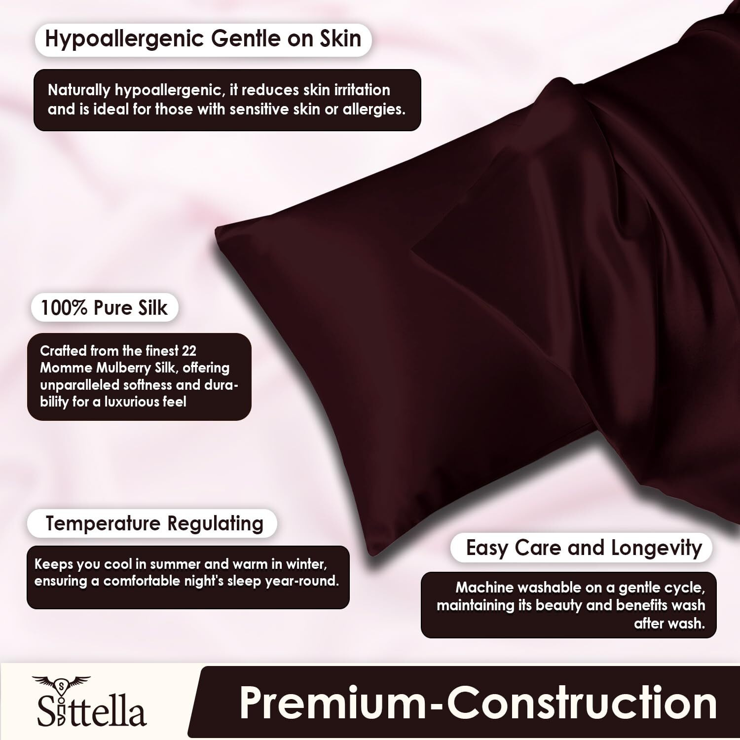 SITTELLA Set of 2 Satin Silk Pillow Cover and 3 FREE Scrunchies with Envelope Closure End and Design, Soft Silk Pillow Case for Hair and Skin (Brown)