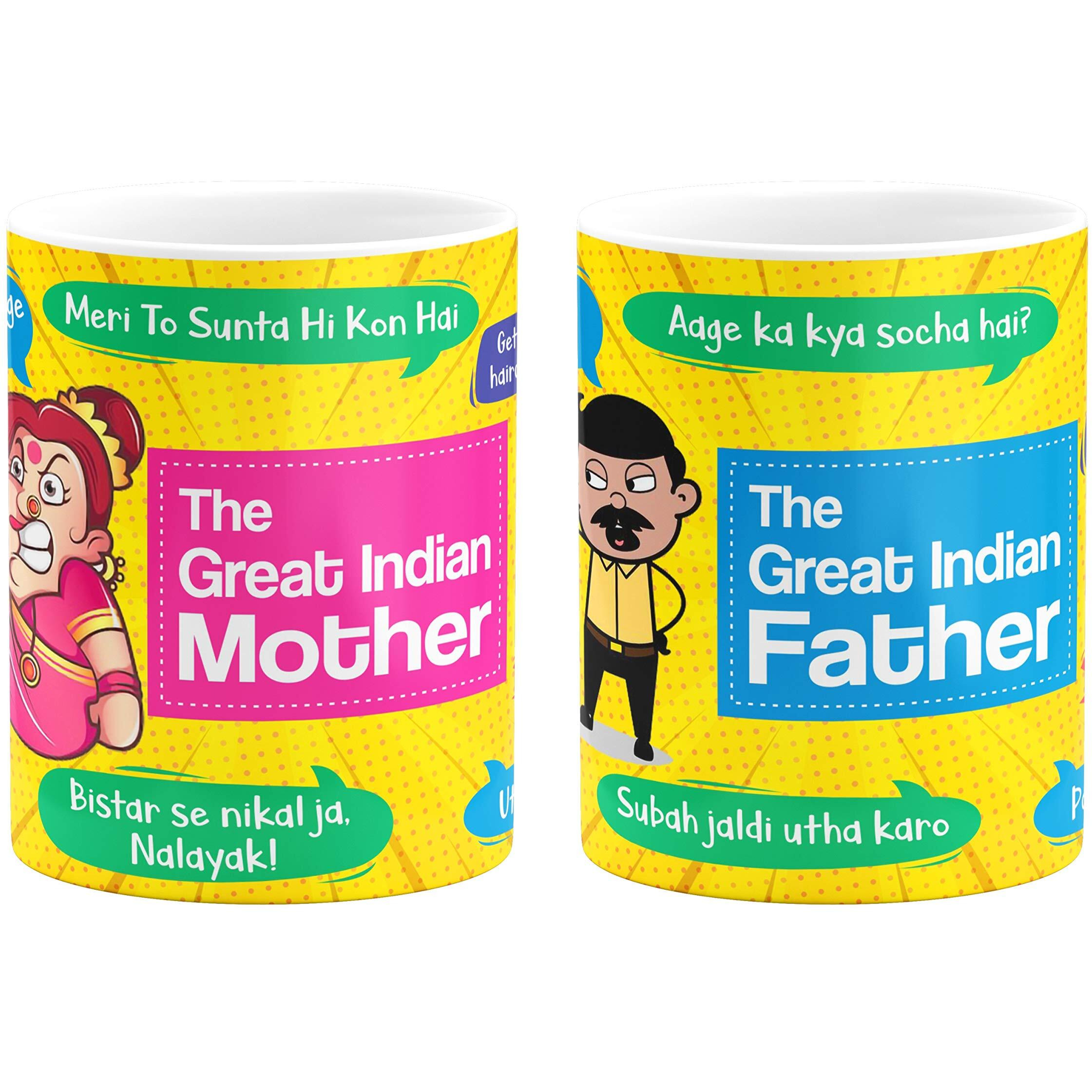 Visibee The Great Indian Mother Father Ceramic Mug - Unique Gift Idea for Parents from Son, Daughter - Birthday Present for Father & Mother - Fun Novelty Cup - 2 Pieces, Multicolor, 330 ml