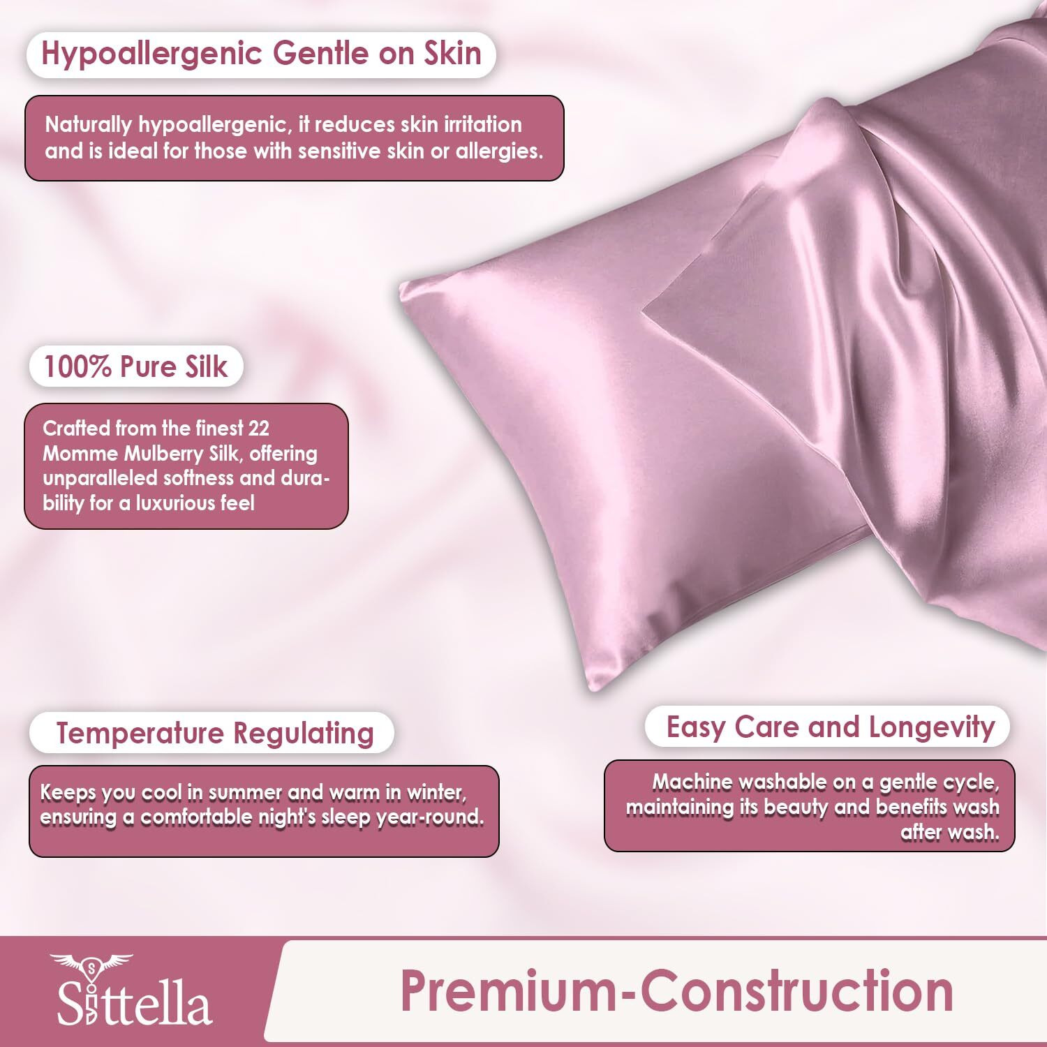 SITTELLA Set of 4 Satin Silk Pillow Cover and 6 FREE Scrunchies with Envelope Closure End and Design, Soft Silk Pillow Case for Hair and Skin (Pink)