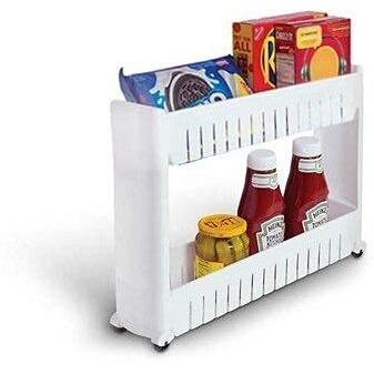 2 Layer Slide Storage Organizer Slim Rack Shelf with Wheels for Easy Movement | Unbreakable Plastic, white