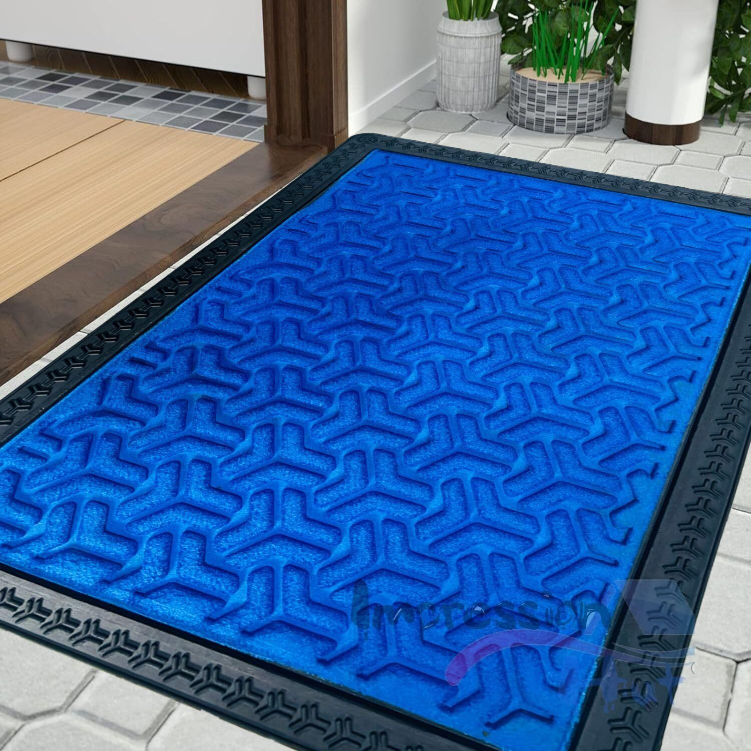 Impression Hut Polypropylene 3D Block Pattern Entrence Welcome Door Mat Water Proof Foot Mat with Anti Slip Natural Rubber Backing for Bathroom, Office, Kitchen and Hospital (40 X 60) Blue