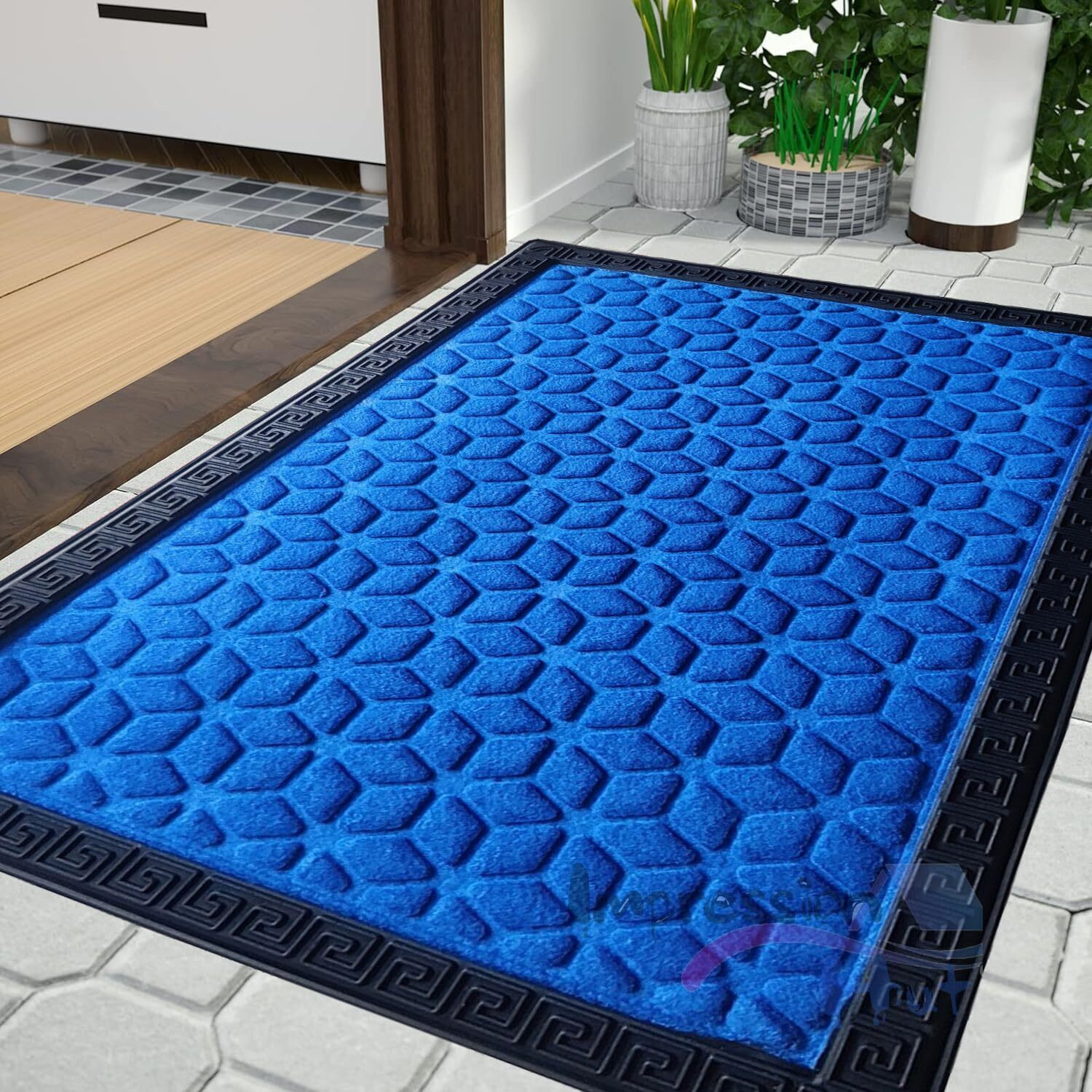 Impression Hut Polypropylene Hexagon Pattern Entrence Welcome Door Mat Water Proof Foot Mat with Anti Slip Natural Rubber Backing for Bathroom, Office, Kitchen and Hospital (40 X 60) Blue