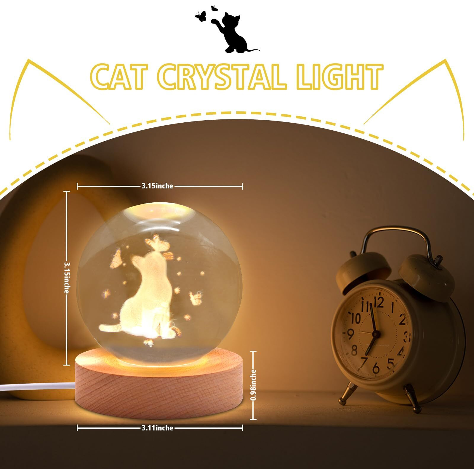 Miramar 3D Cat Figurine Crystal Ball Lamp, Cat Light Lamp with Wooden Base, Cat Gifts for Cat Lovers, Cat Stuff for Cat Lovers, Birthday Christmas Mothers Day Cat Temed Items for Women Cat Lovers