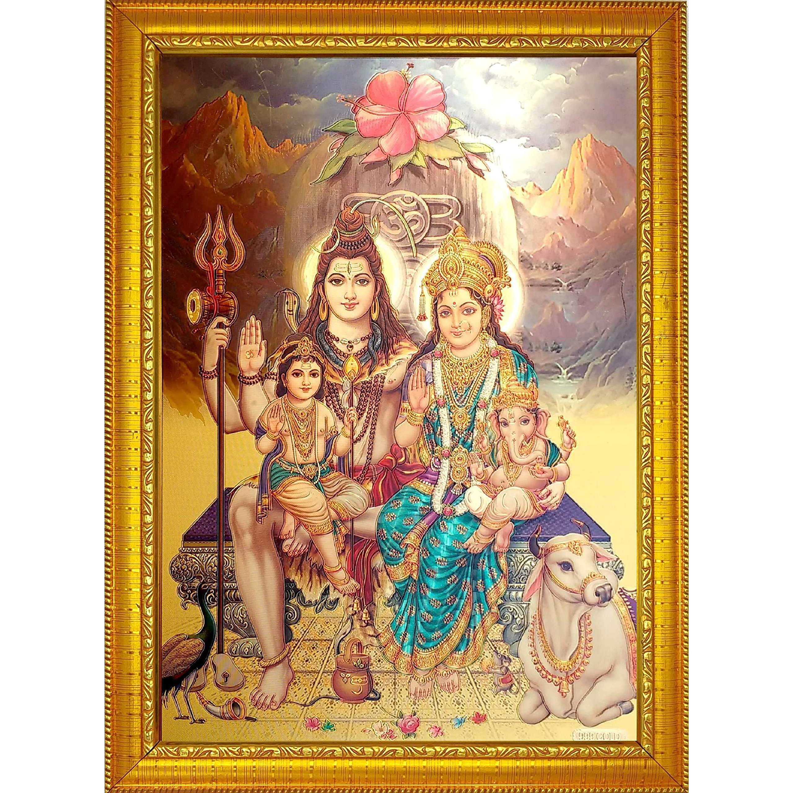 ADA Handicraft Lord Shiva & Family Photo Frame for Wall and Pooja/Poster for Pooja/Religious Framed Painting for Worship (35 x 25) cm ,Wood ,Multicolor