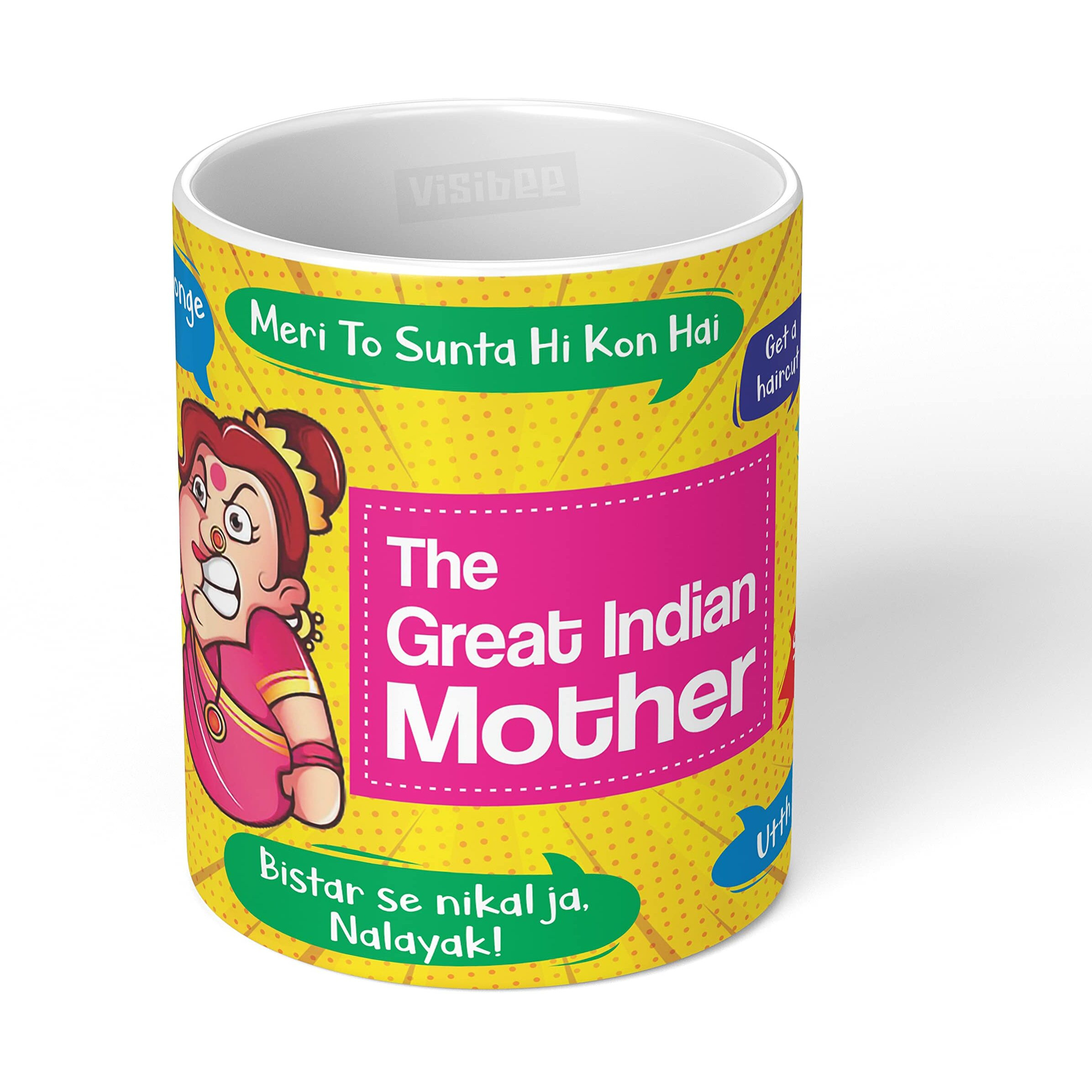 Visibee The Great Indian Mother Mug | Mother Day Gift from Son, Daughter - Ceramic White Coffee Cup - Unique Birthday Present for Mom - 330 ml