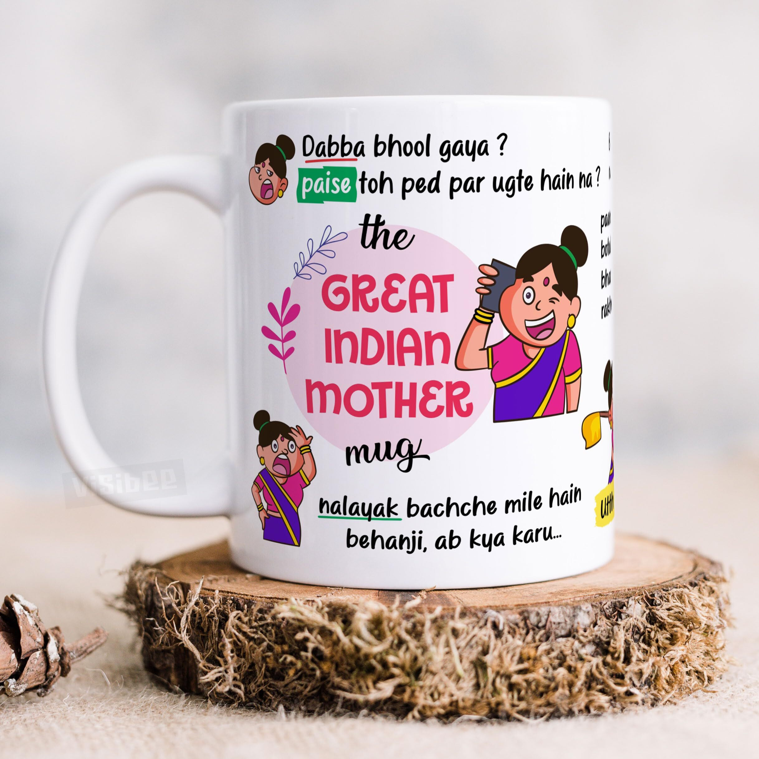 Visibee The Great Indian Mother Mug - 325ml Ceramic White Cup for Mom on Birthdays, Anniversaries, and Mothers Day - Heartfelt Design Celebrating Tradition and Love