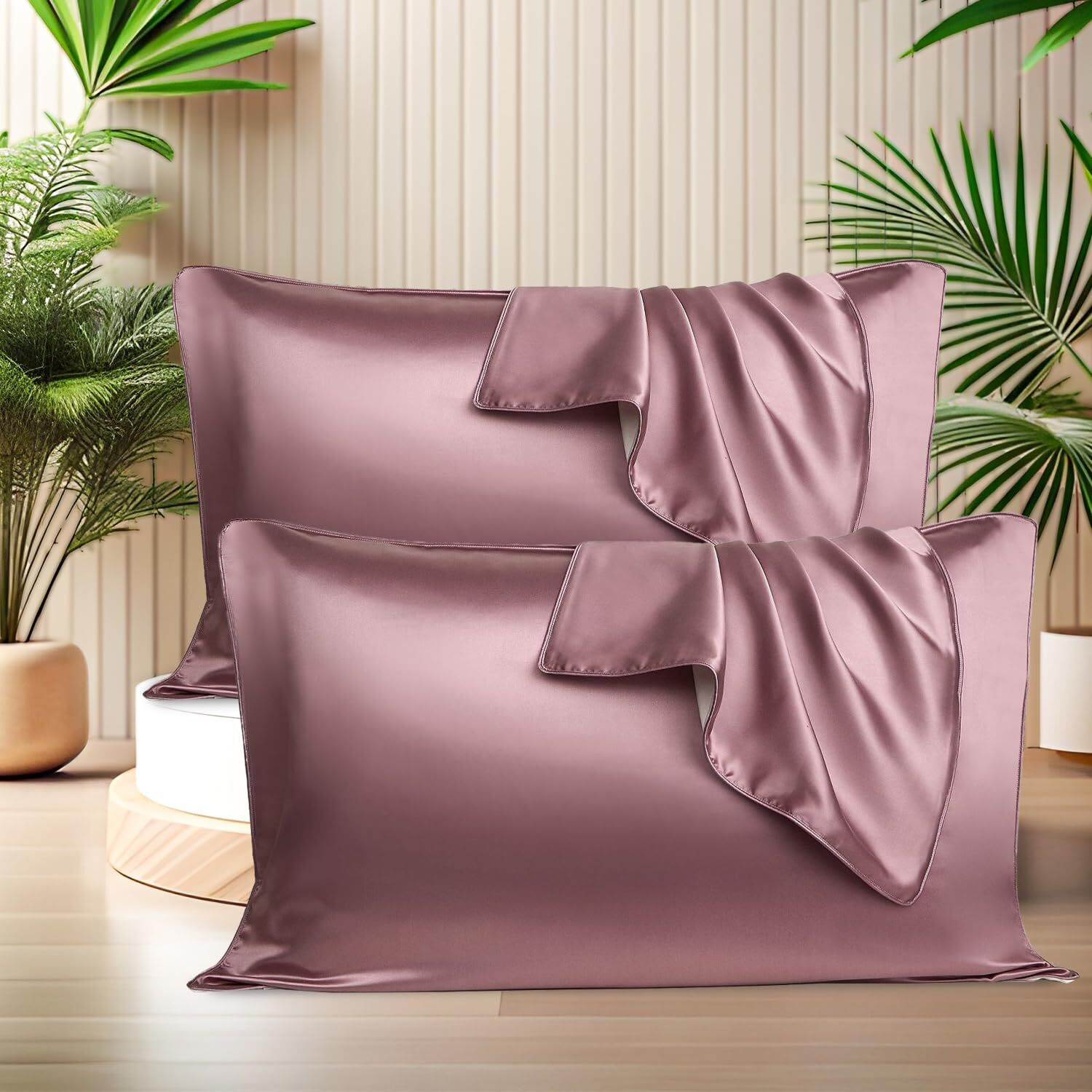 SITTELLA Set of 2 Satin Silk Pillow Cover and 3 FREE Scrunchies with Envelope Closure End and Design, Soft Silk Pillow Case for Hair and Skin (Rose)