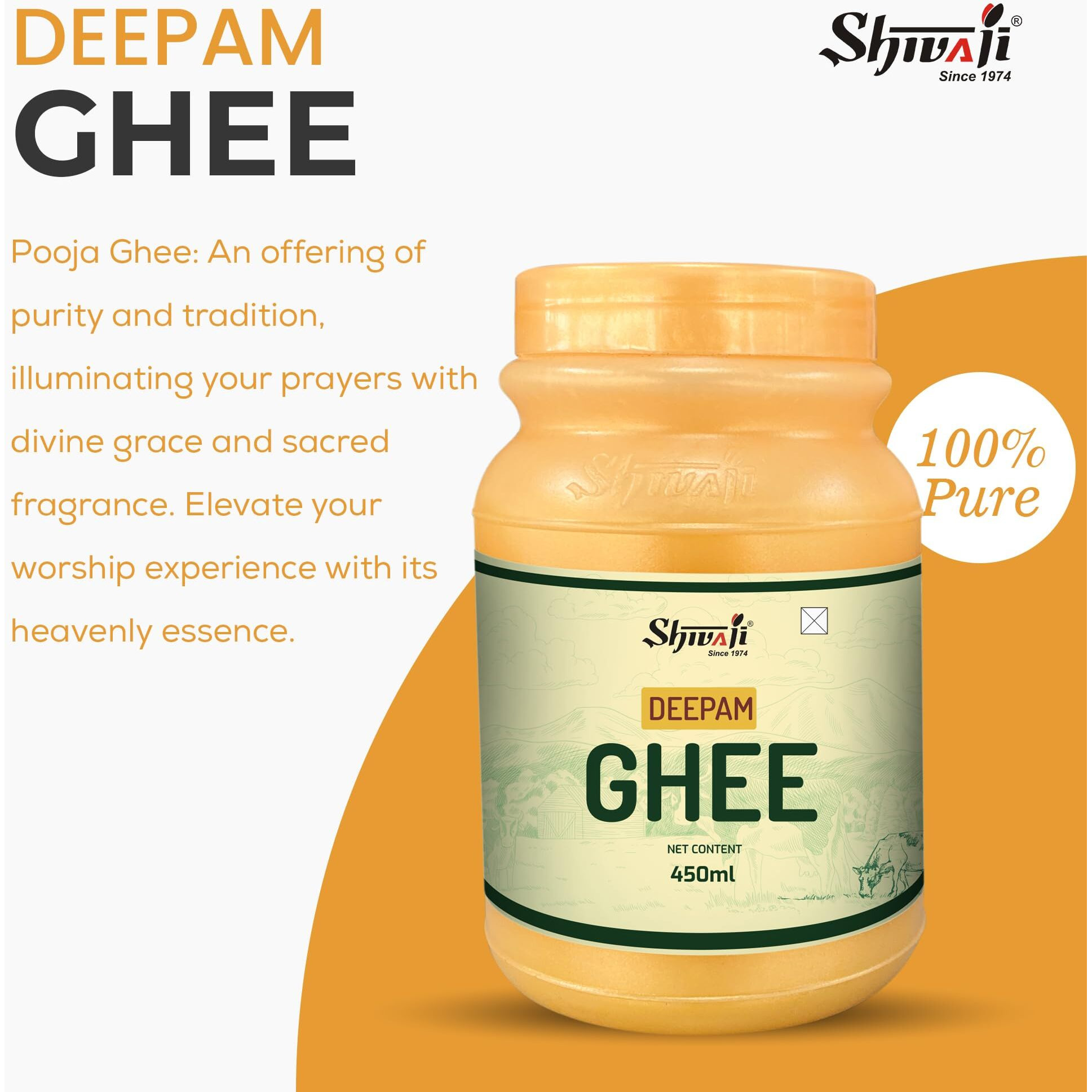 Shivaji Deepam Pure Puja Ghee - 450ml for Daily Puja, Festivals| Puja Deepam Oil (Ghee for Pooja) Puja Ghee for Diya or lamp and Wicks or Batti | Rich in Aroma - 450ml Jar Pack | Non-Edible