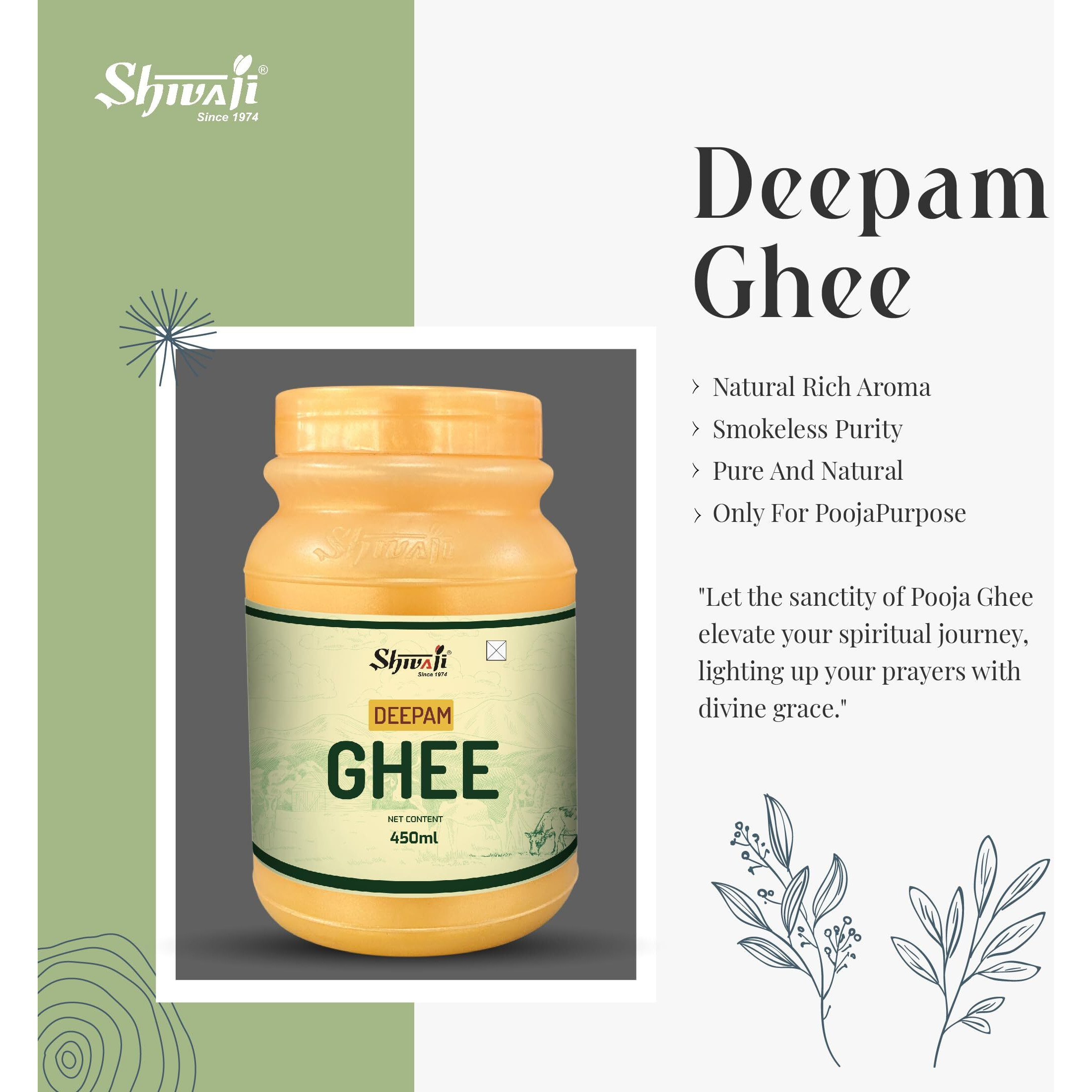 Shivaji Deepam Pure Puja Ghee - 450ml for Daily Puja, Festivals| Puja Deepam Oil (Ghee for Pooja) Puja Ghee for Diya or lamp and Wicks or Batti | Rich in Aroma - 450ml Jar Pack | Non-Edible