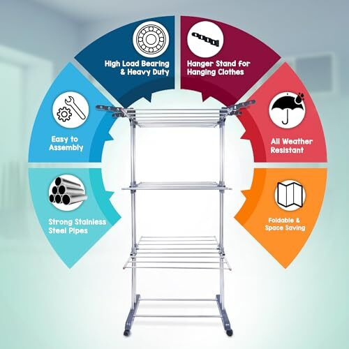 LiMETRO STEEL Stainless Steel Double Pole 3 Layer Stainless Steel Cloth Drying Stand with Hanger