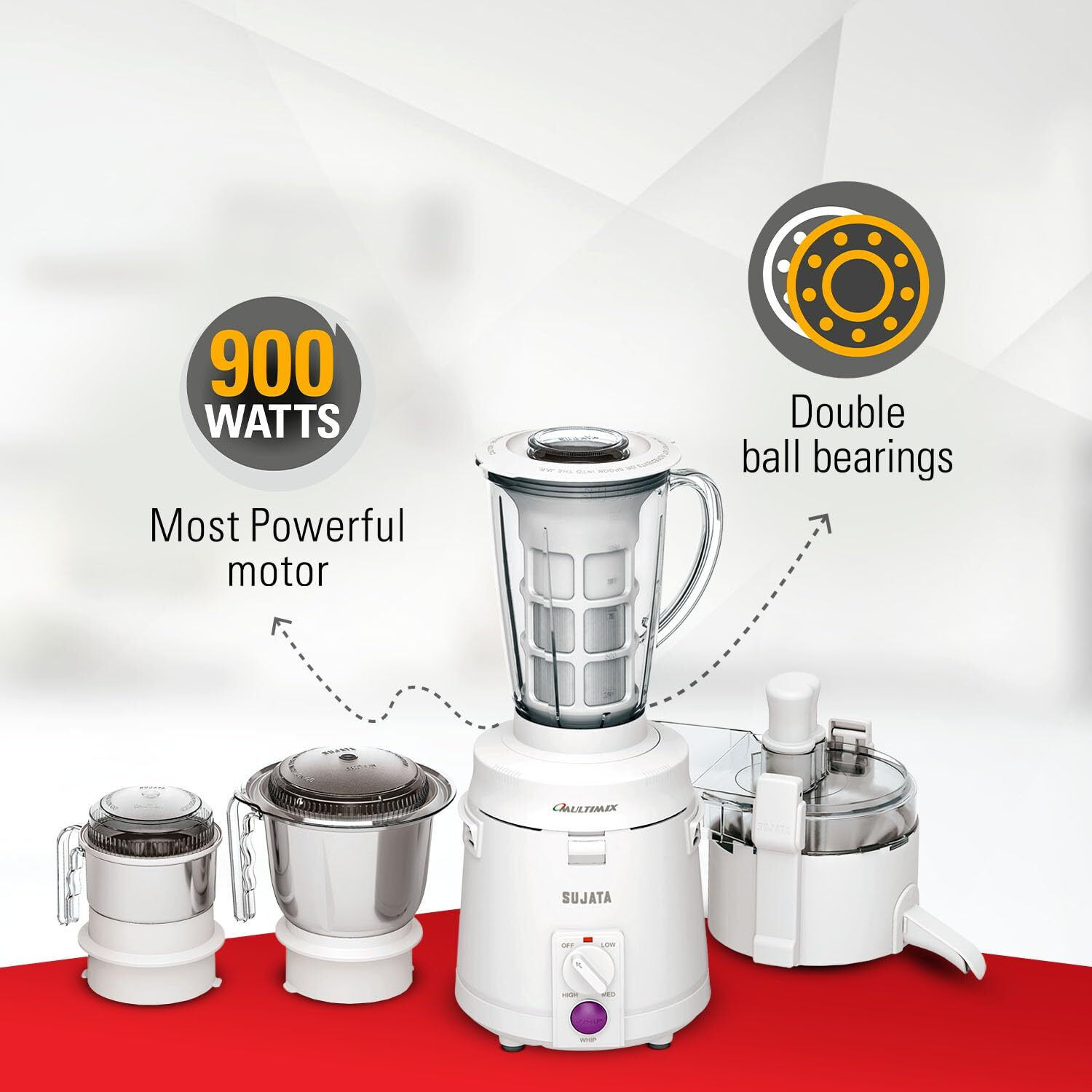 Sujata Multimix 900 Watts Mixer Grinder with Juicer | 22000 Rotations Per Min | 90 Minutes Continuous Running | 3 Versatile Jars 1750 ml, 1000 ml and 400 ml | Coconut milk extractor attachment