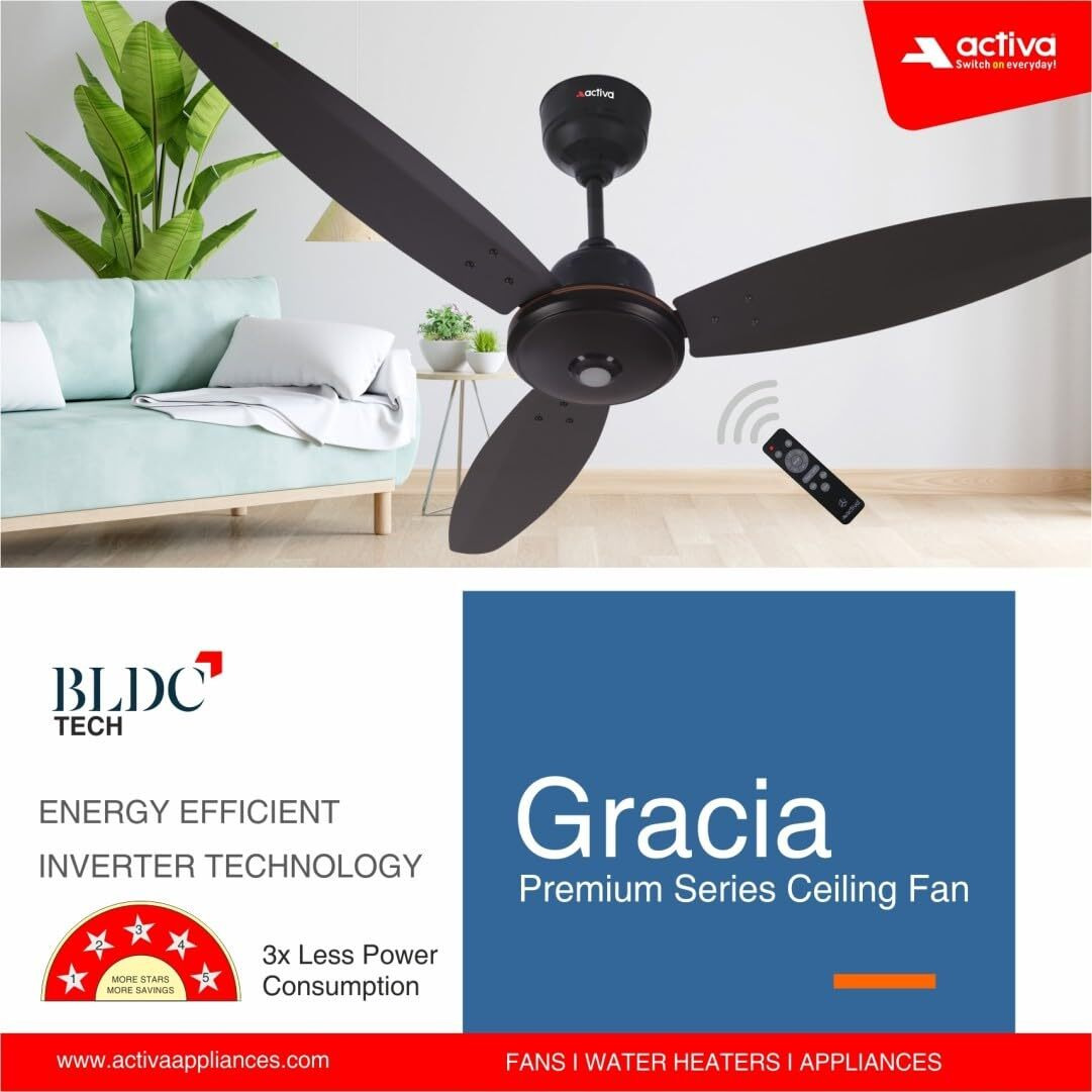 ACTIVA Gracia 1200 MM (28 Watts) BLDC Motor Fan With LED Light |Remote| 3 Blade Energy Saving Ceiling Fan With 5 Year Warranty Pack Of 2 (Smoke Brown)