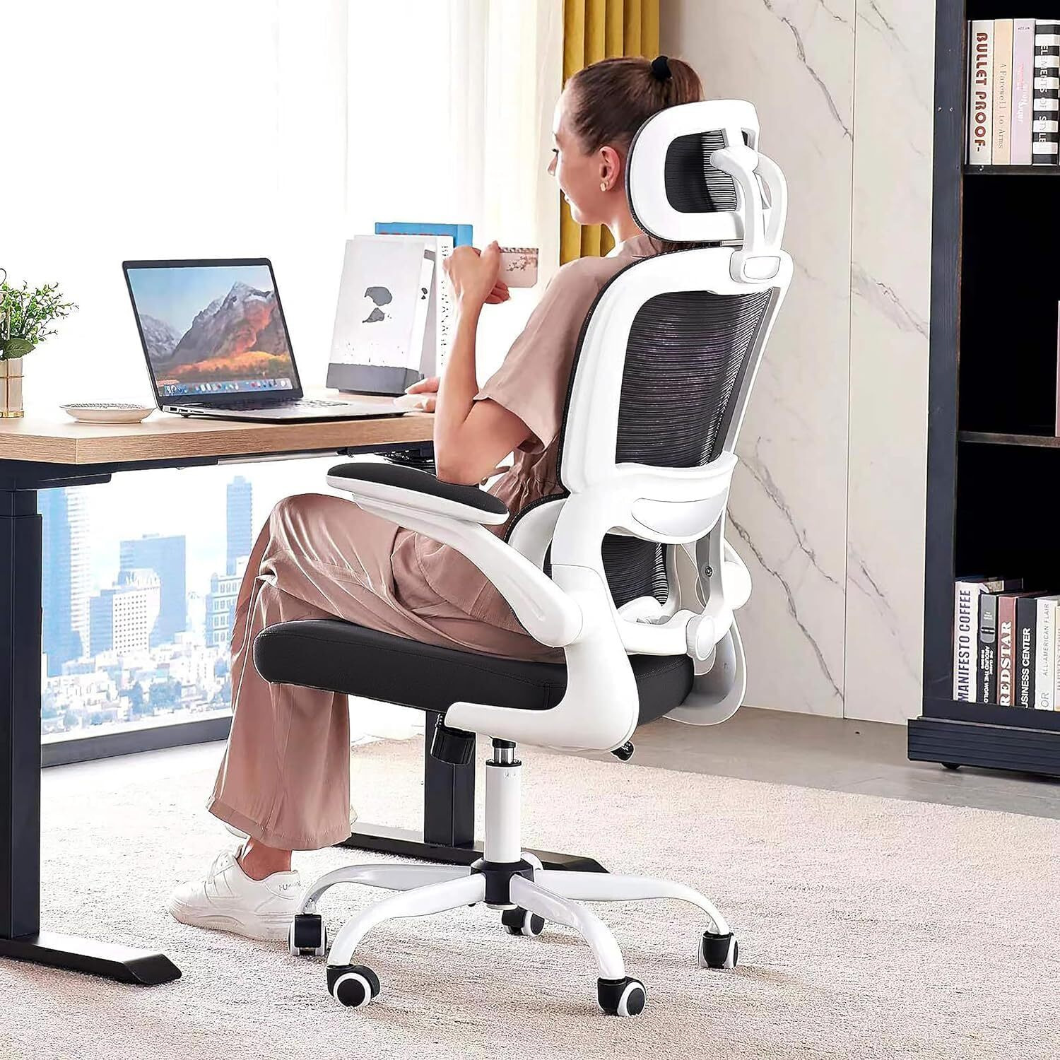 DROGO Premium Ergonomic Office Chair for Work from Home, High Back Computer Chair with Adjustable Seat, Lumbar Support & Headrest, Flip-up Armrest & Recline | Mesh Chair for Office/Home (White-Black)