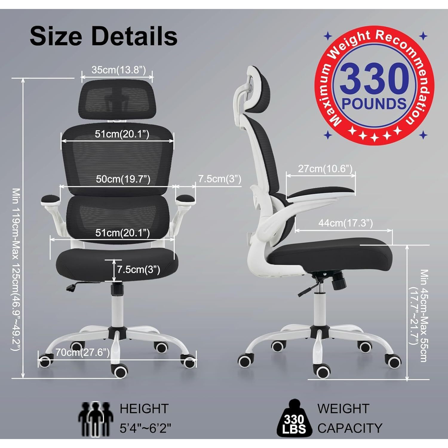 DROGO Premium Ergonomic Office Chair for Work from Home, High Back Computer Chair with Adjustable Seat, Lumbar Support & Headrest, Flip-up Armrest & Recline | Mesh Chair for Office/Home (White-Black)