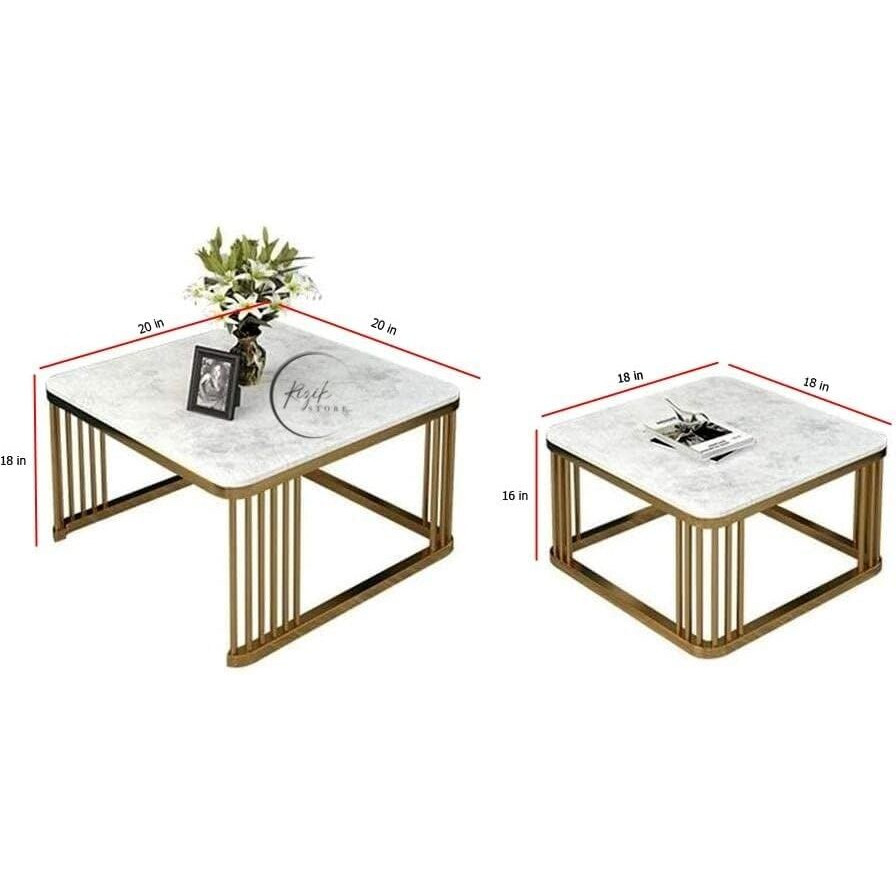 RIZIK STORE Iron frame handmade Square 20x20 coffee/nesting/side/center table with marble finish MDF white Top for living room/drawing room/Balcony Gold (set of 2) (Black)