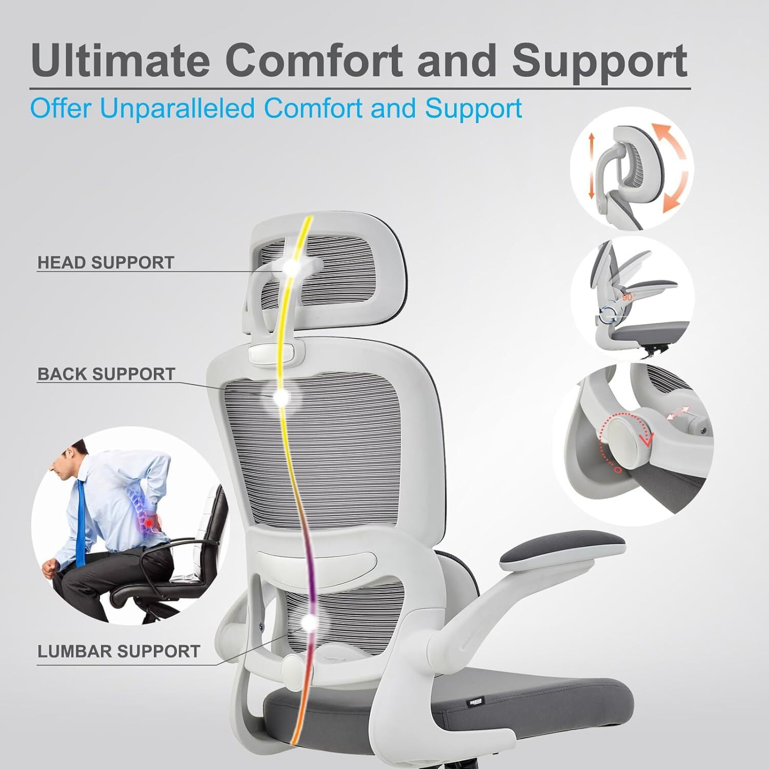 DROGO Premium Ergonomic Office Chair for Work from Home, High Back Computer Chair with Adjustable Seat, Lumbar Support & Headrest, Flip-up Armrest & Recline | Mesh Chair for Office/Home (Grey)