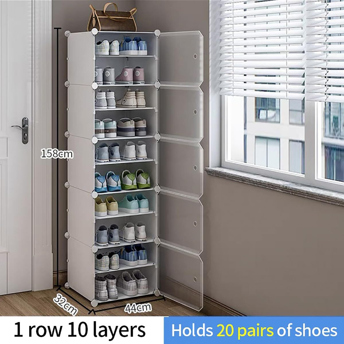 Zemic Portable Shoe rack for Home Plastic With Door,Adjustable Plastic Shoe Rack for Bedroom/Outdoor Waterproof, Shoe Storage Organizer,High-density PP Frame for Stability (10-SHELF-5-DOOR, WHITE)