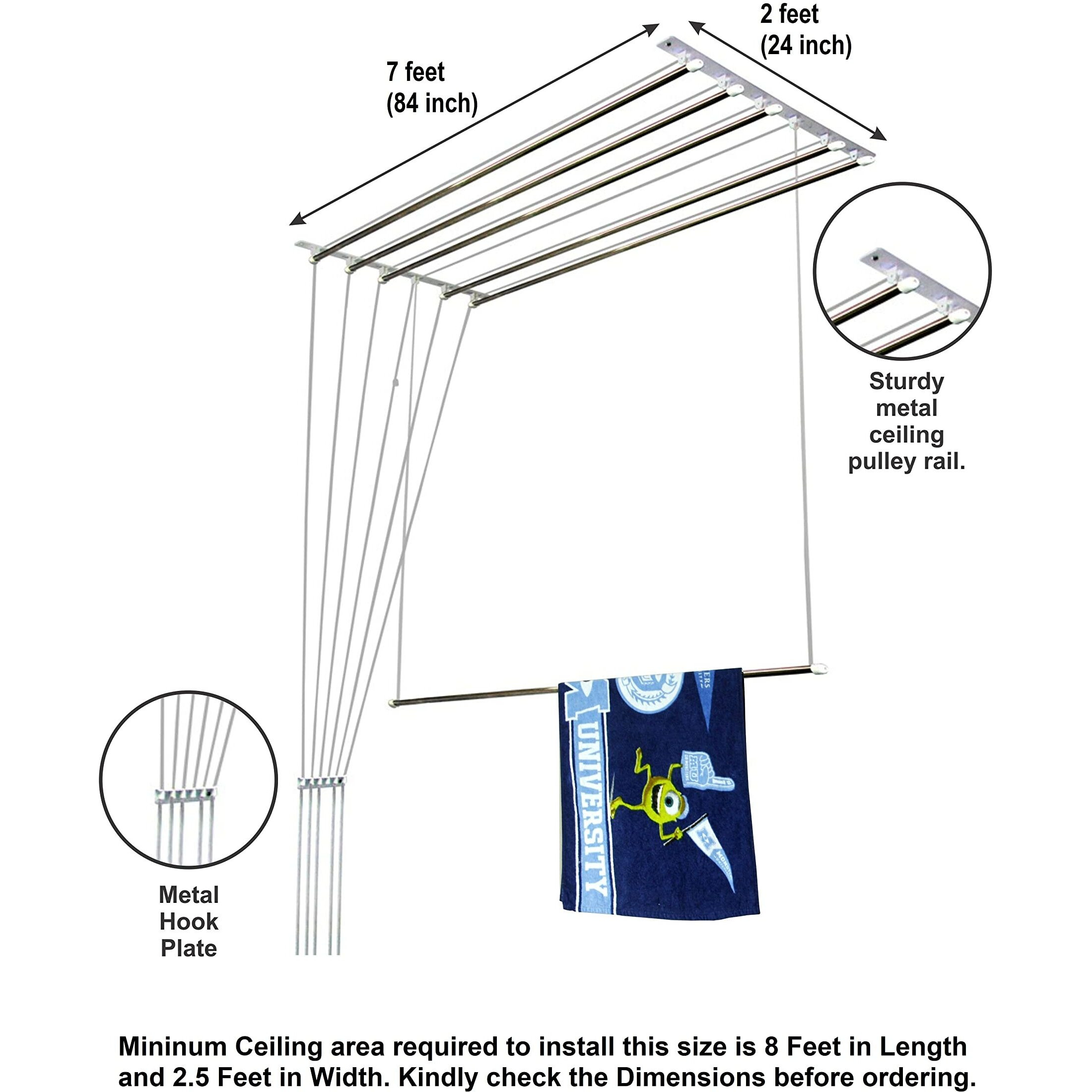 homWell Deluxe Heavy Duty Rust Proof Stainless Steel (6 Pipe X 7 Feet) with UV Protected Nylon Rope Individual Dropdown Ceiling Cloth Drying Stand | Cloth Dryer Stand for Balcony