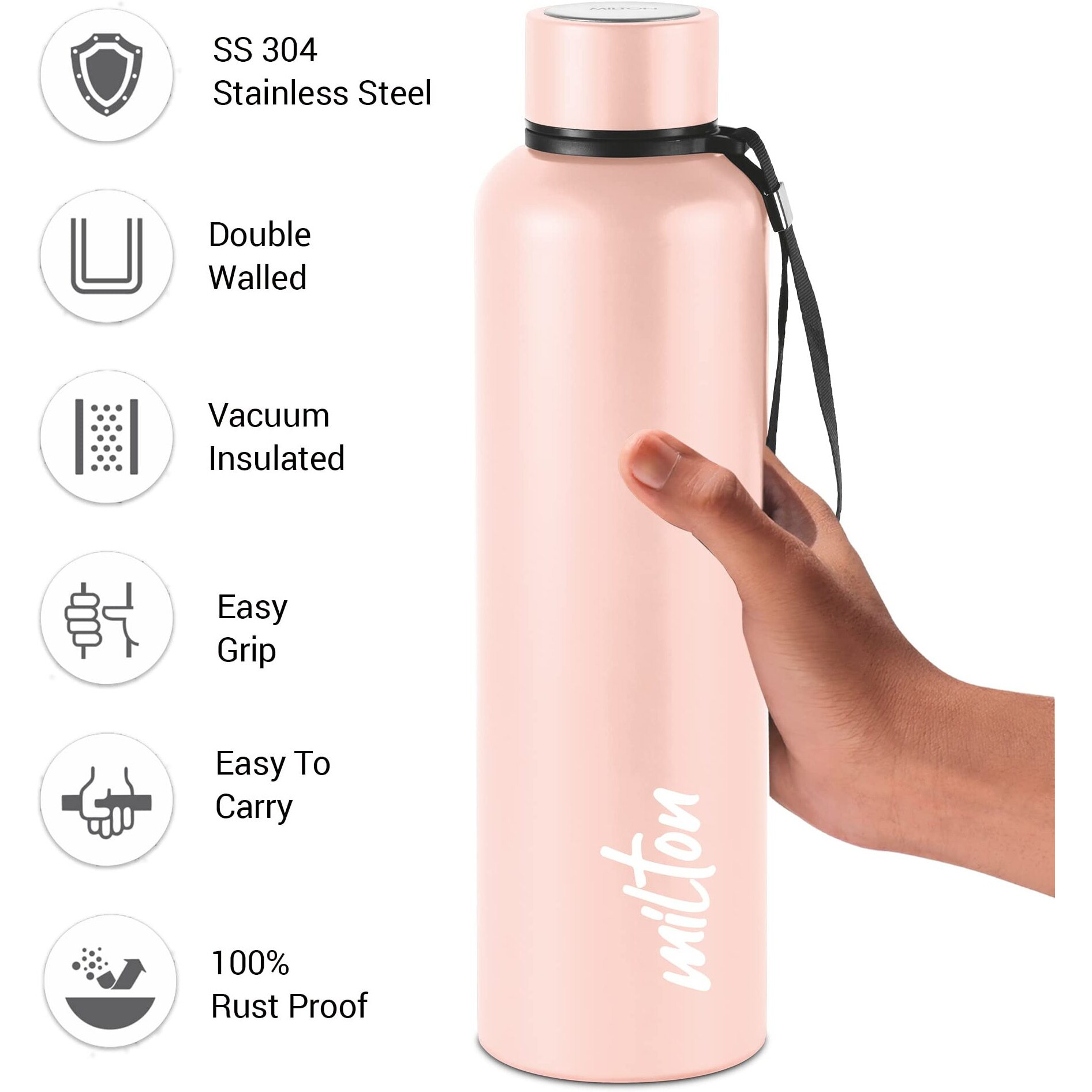 Milton Aura 1000 Thermosteel Bottle, 1.05 litre, Beige | 24 Hours Hot and Cold | Easy to Carry | Rust & Leak Proof | Tea | Coffee | Office| Gym | Home | Kitchen | Hiking | Trekking | Travel Bottle