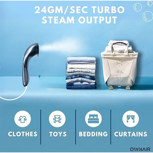 OWNAIR Turbo Garment Steamer, steam iron for clothes, easy vertical horizontal steaming, Steamer for clothes, 24g/min high steam 1800 Watt, 130 ml, 15-sec Fast Heating