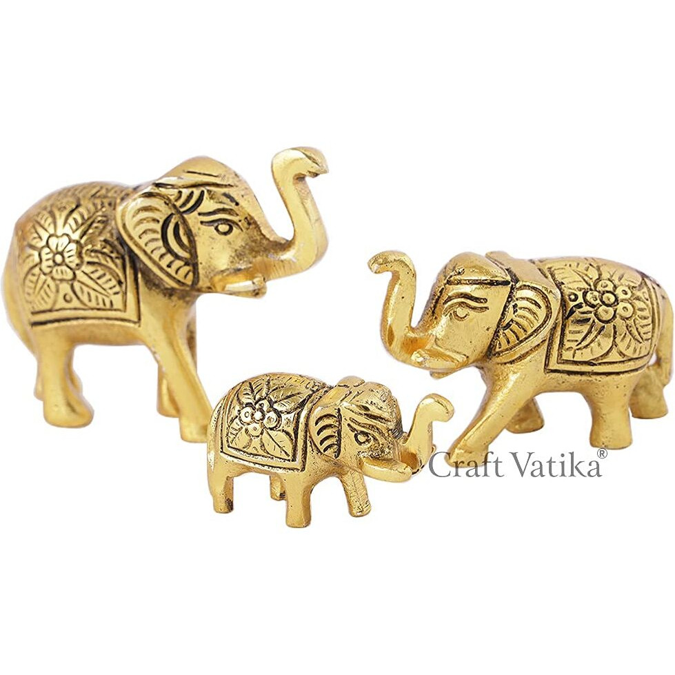 CraftVatika Metal Trunk Up Elephant Family Statue Showpiece Figurine Fengshui Vastu Lucky Decorative Items for Home Decor Living Room Office Desk Desktop Decoration and Gifting (Set of 3) (Pack of 10)