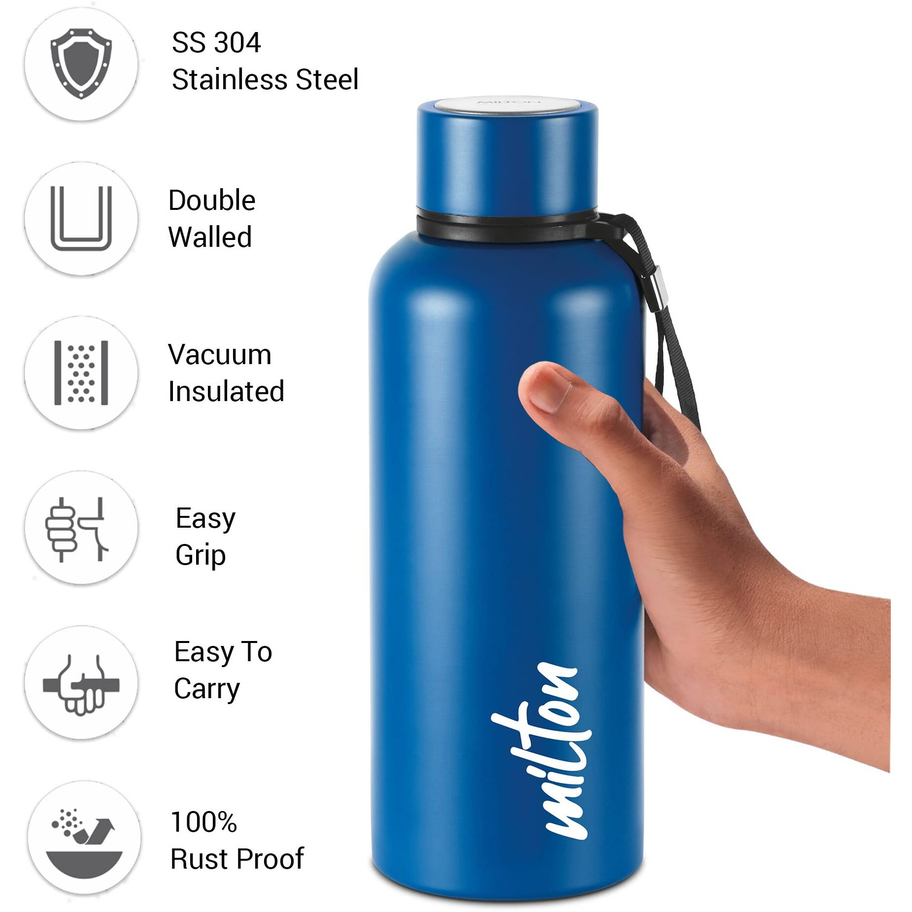 Milton Aura 750 Thermosteel Bottle, 750 ml, Dark Blue | 24 Hours Hot and Cold | Easy to Carry | Rust & Leak Proof | Tea | Coffee | Office| Gym | Home | Kitchen | Hiking | Trekking | Travel Bottle