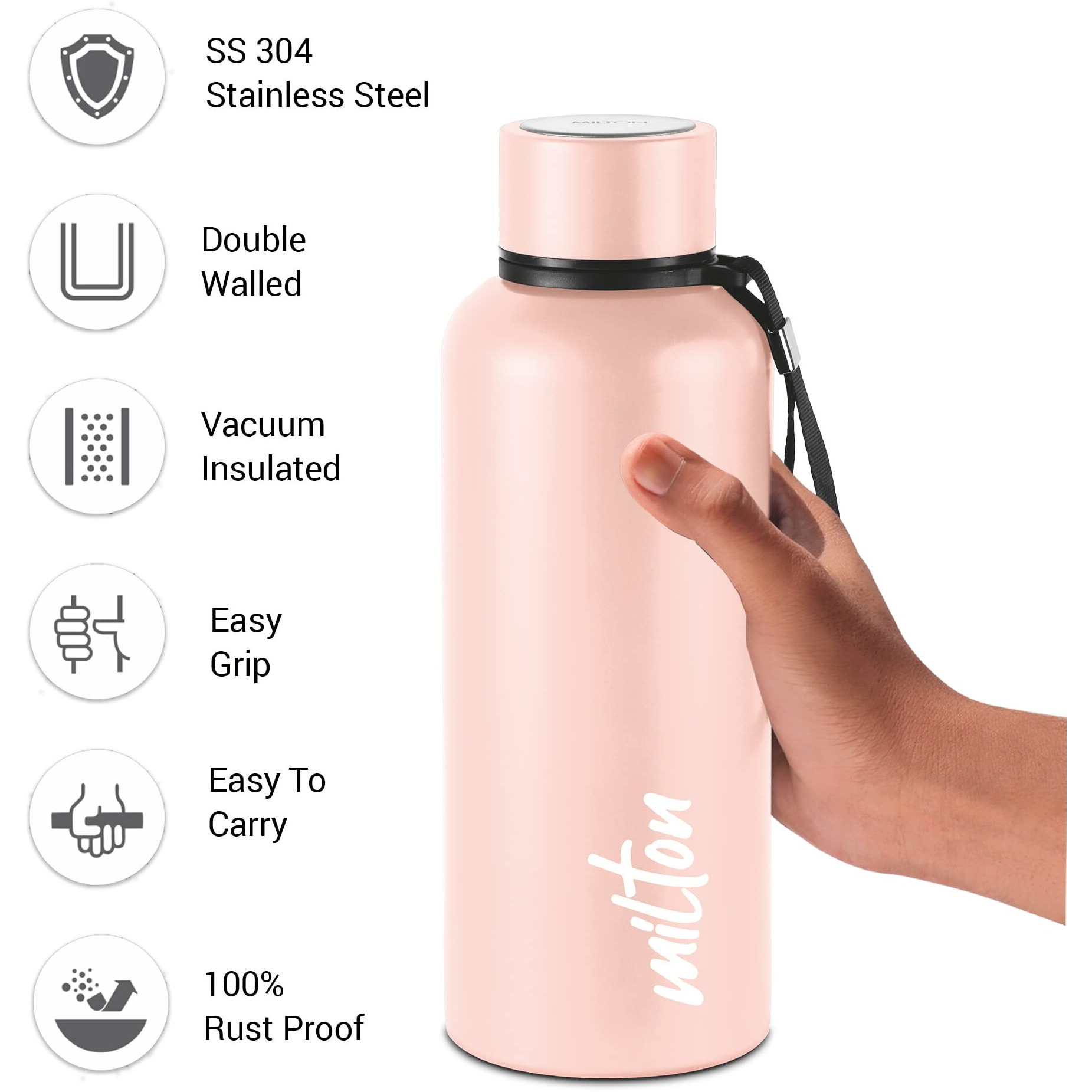 Milton Aura 750 Thermosteel Bottle, 750 ml, Beige | 24 Hours Hot and Cold | Easy to Carry | Rust Proof | Leak Proof | Tea | Coffee | Office| Gym | Home | Kitchen | Hiking | Trekking | Travel Bottle