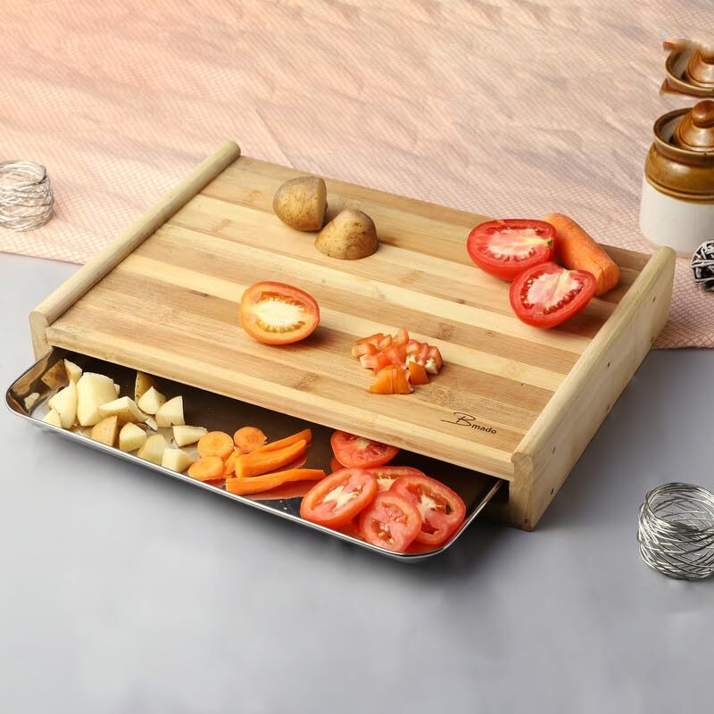 Bmado Homefull Wooden Cutting Board with Tray - Large Bamboo Chopping Board with Stainless Steel Pull Out Sliding Drawer Pan Tray Container(35 x 25 x 5 cm)