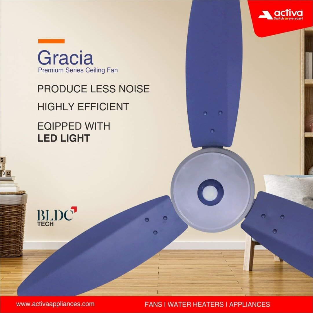 ACTIVA Gracia 1200 MM (28 Watt) BLDC Motor Fan With LED Light |Remote| 3 Blade Energy Saving Ceiling Fan With 5 Year Warranty (Silver Blue)