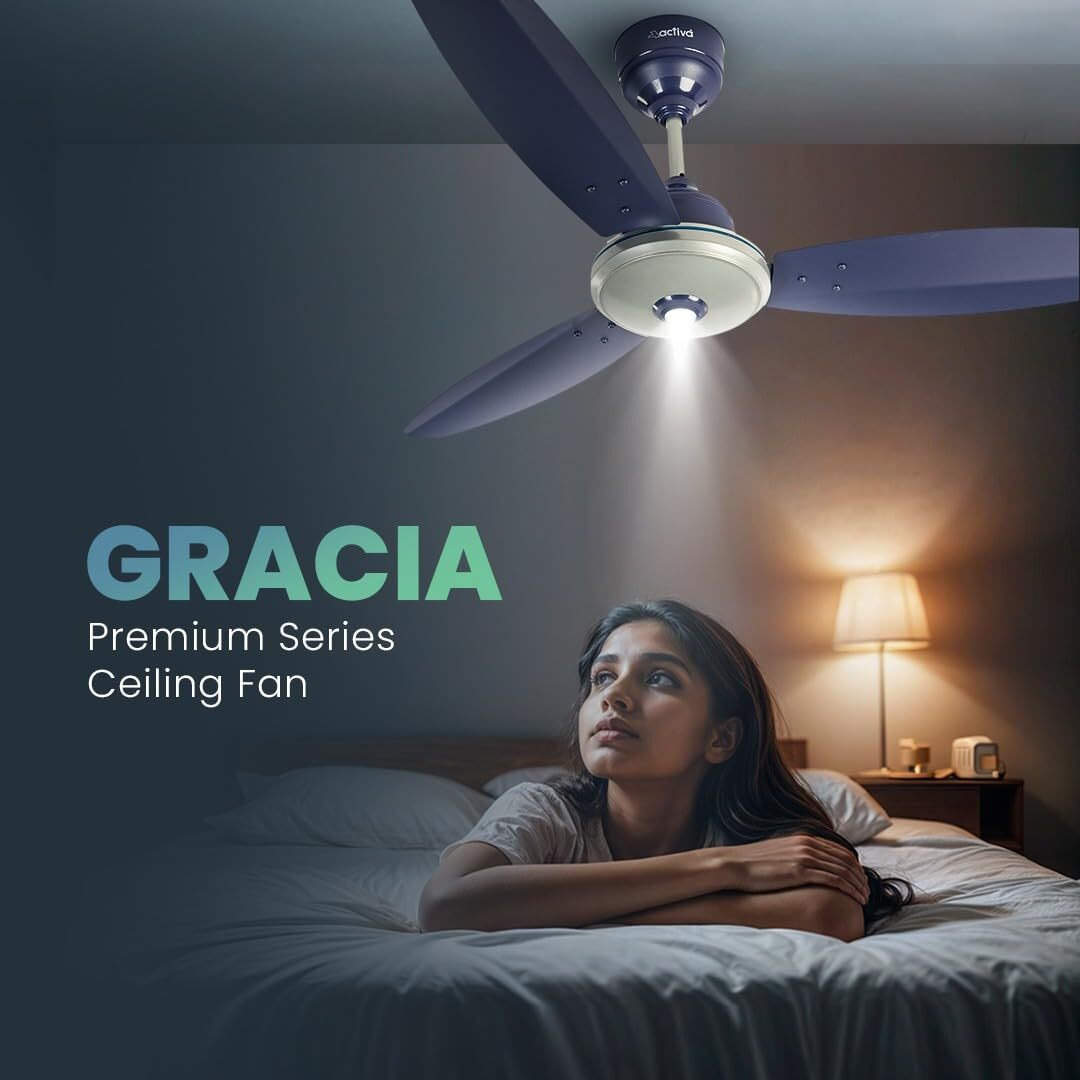 ACTIVA Gracia 1200 MM (28 Watt) BLDC Motor Fan With LED Light |Remote| 3 Blade Energy Saving Ceiling Fan With 5 Year Warranty (Silver Blue)