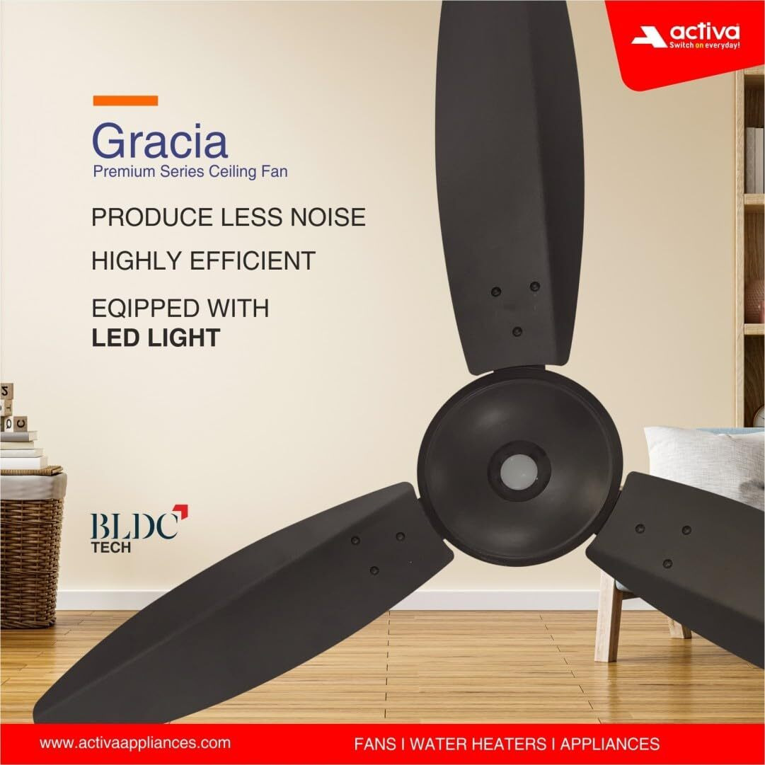 ACTIVA Gracia 1200 MM (28 Watts) BLDC Motor Fan With LED Light |Remote| 3 Blade Energy Saving Ceiling Fan With 5 Year Warranty (Smoke Brown)